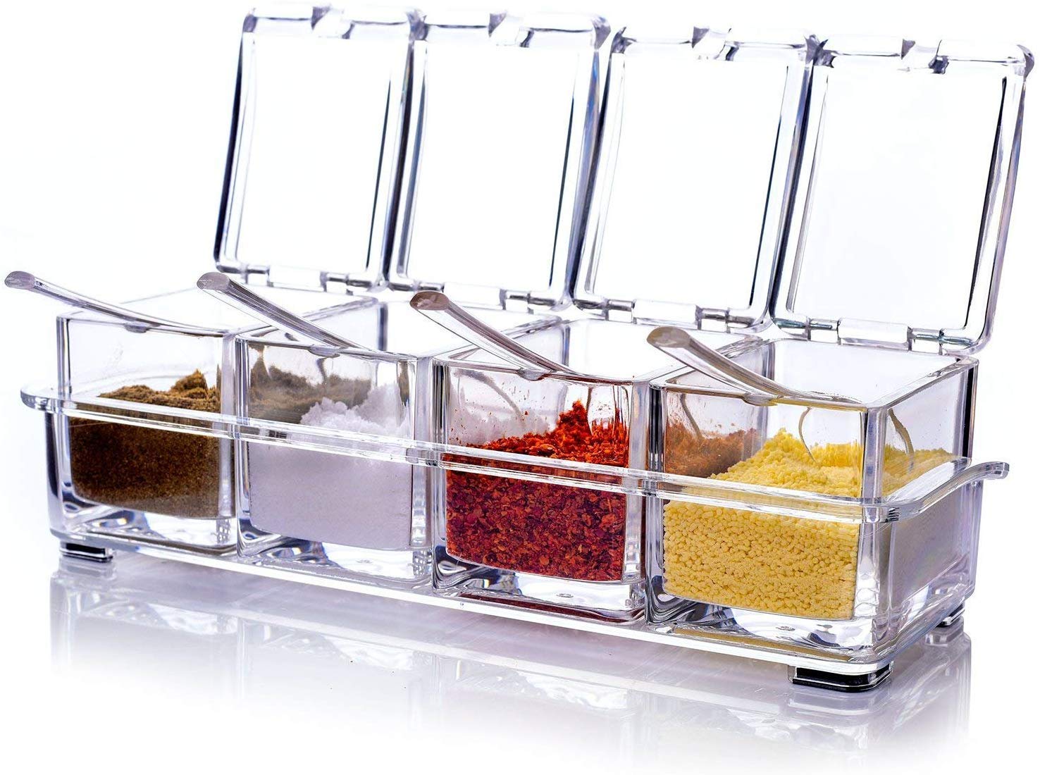 Mantrik Spice Box For Kitchen With Spoon | 4 Compartment Masala Box | Transparent Dry Fruit & Mukhwas Storage Container | Kitche