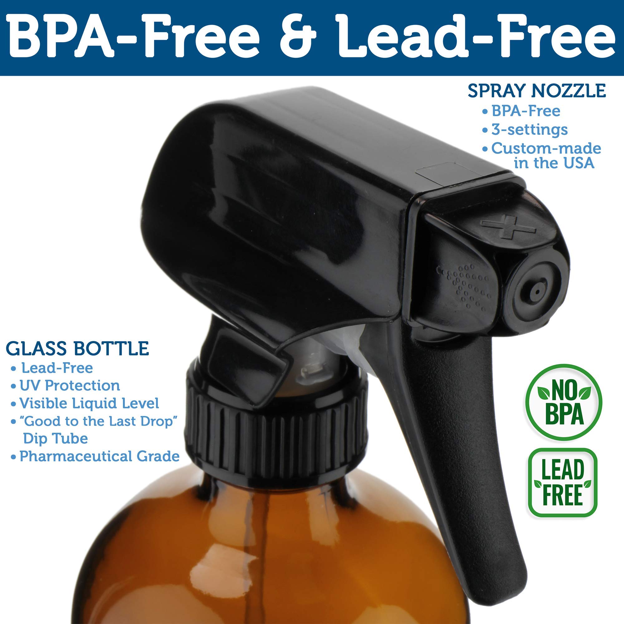 Empty Amber Glass Spray Bottles - 2 Pack - Each Large 16oz Refillable Bottle is Great for Essential Oils  Plants  Cleaning Solutions  Hair Mister - Durable Nozzle w/Fine Mist and Stream Setting