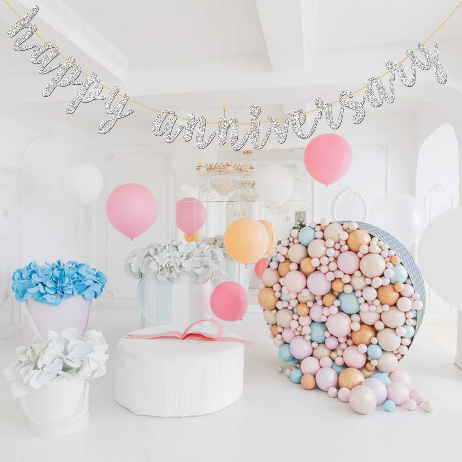 Innoru Glitter Silver Happy Anniversary Banner - Anniversary Sign - Birthday Banner - 1St Wedding Anniversary Party Bunting Deco