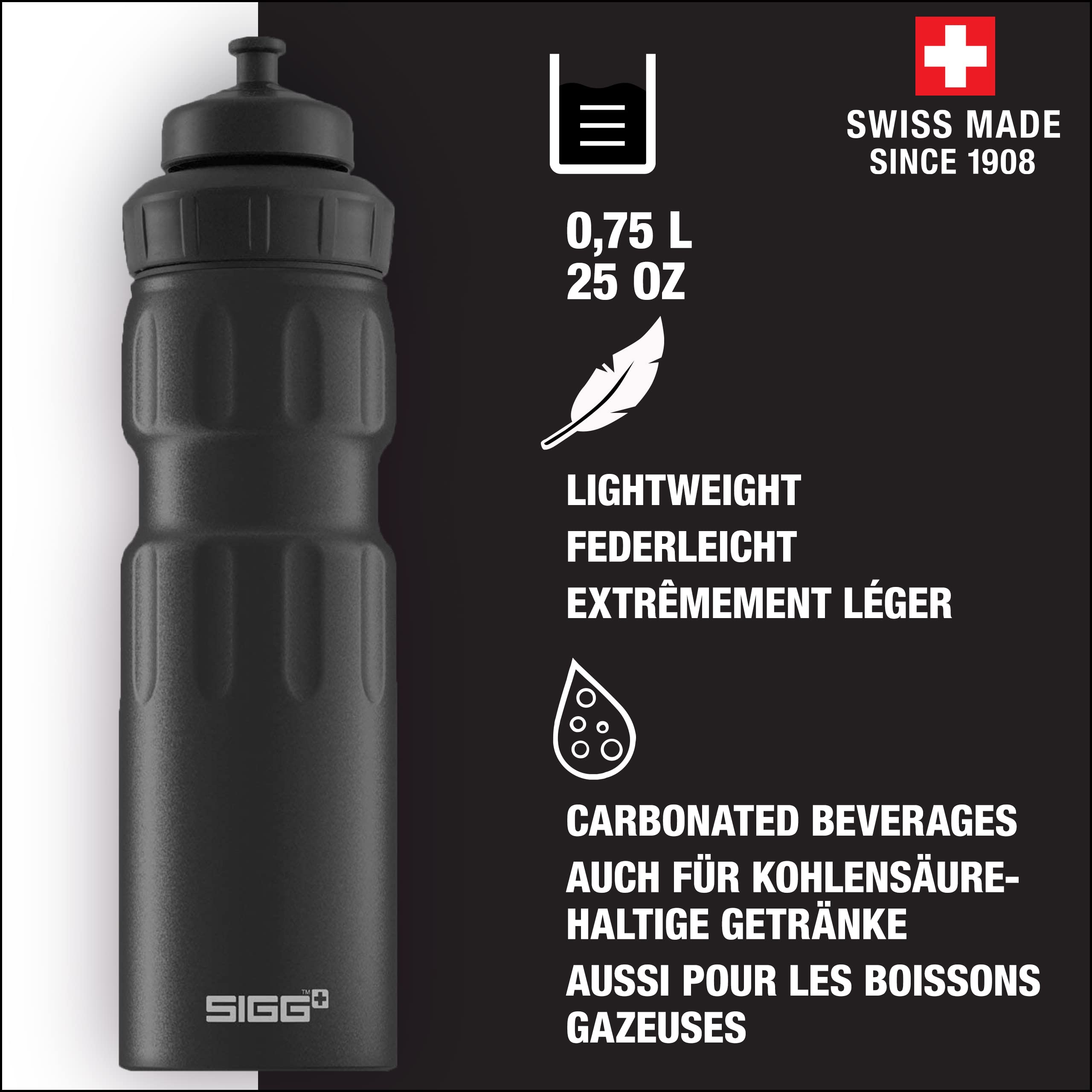 SIGG - Aluminum Sports Water Bottle Black - With 3 Stages Sports Cap - Leakproof - Lightweight - BPA Free - 25 Oz