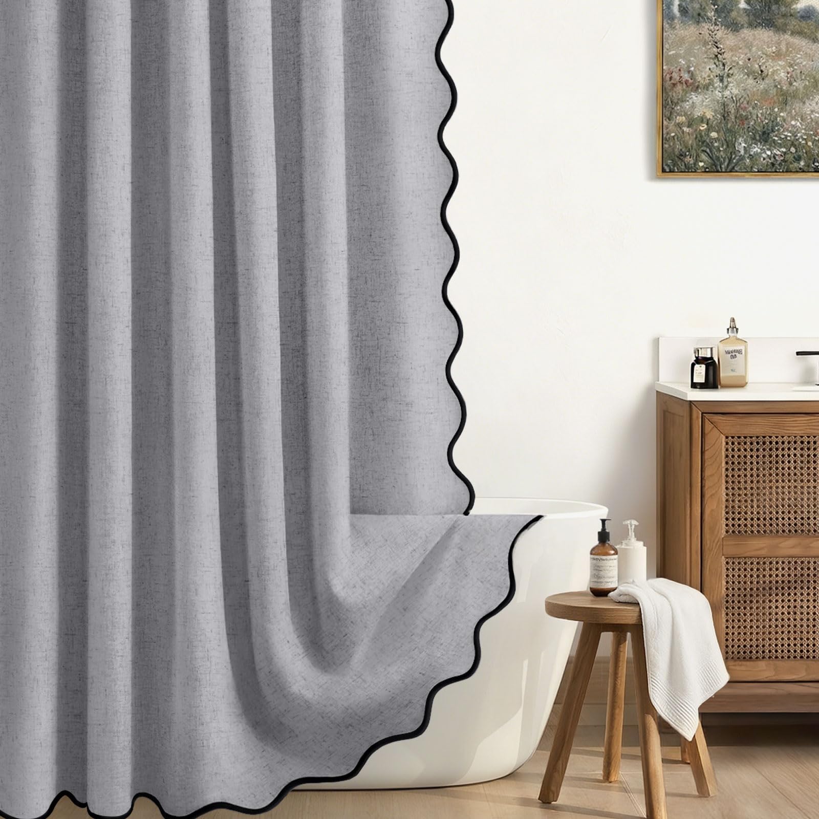 XOGUIBO Linen Shower Curtain Flax Grey Cute Black Scalloped Boho Modern Shower Curtains for Bathroom Set, 72 W x 72 L