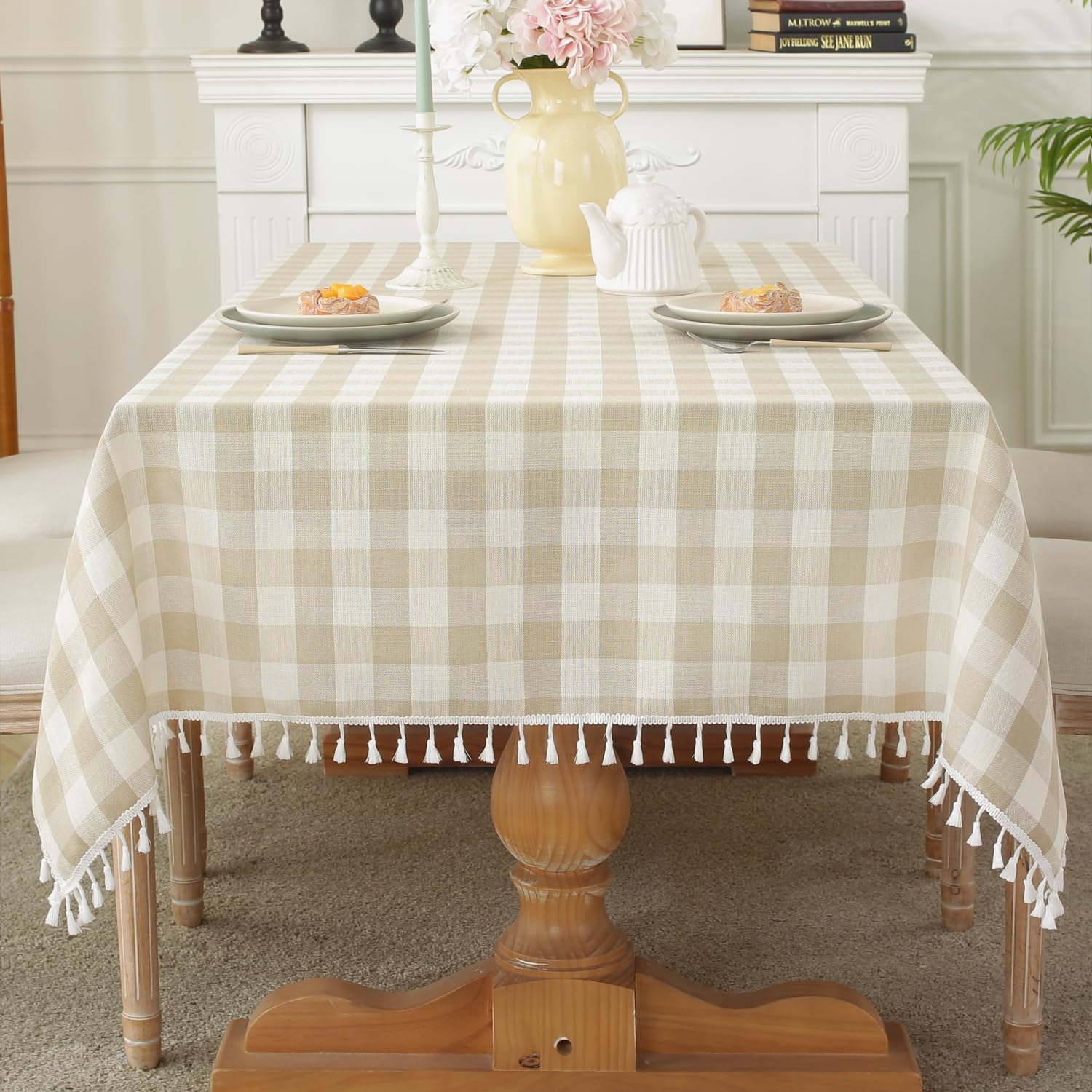 Laolitou Checkered Tablecloth Rectangle Washable Buffalo Plaid Table Cloth With Tassel Cotton Linen Gingham Table Cover For Picn