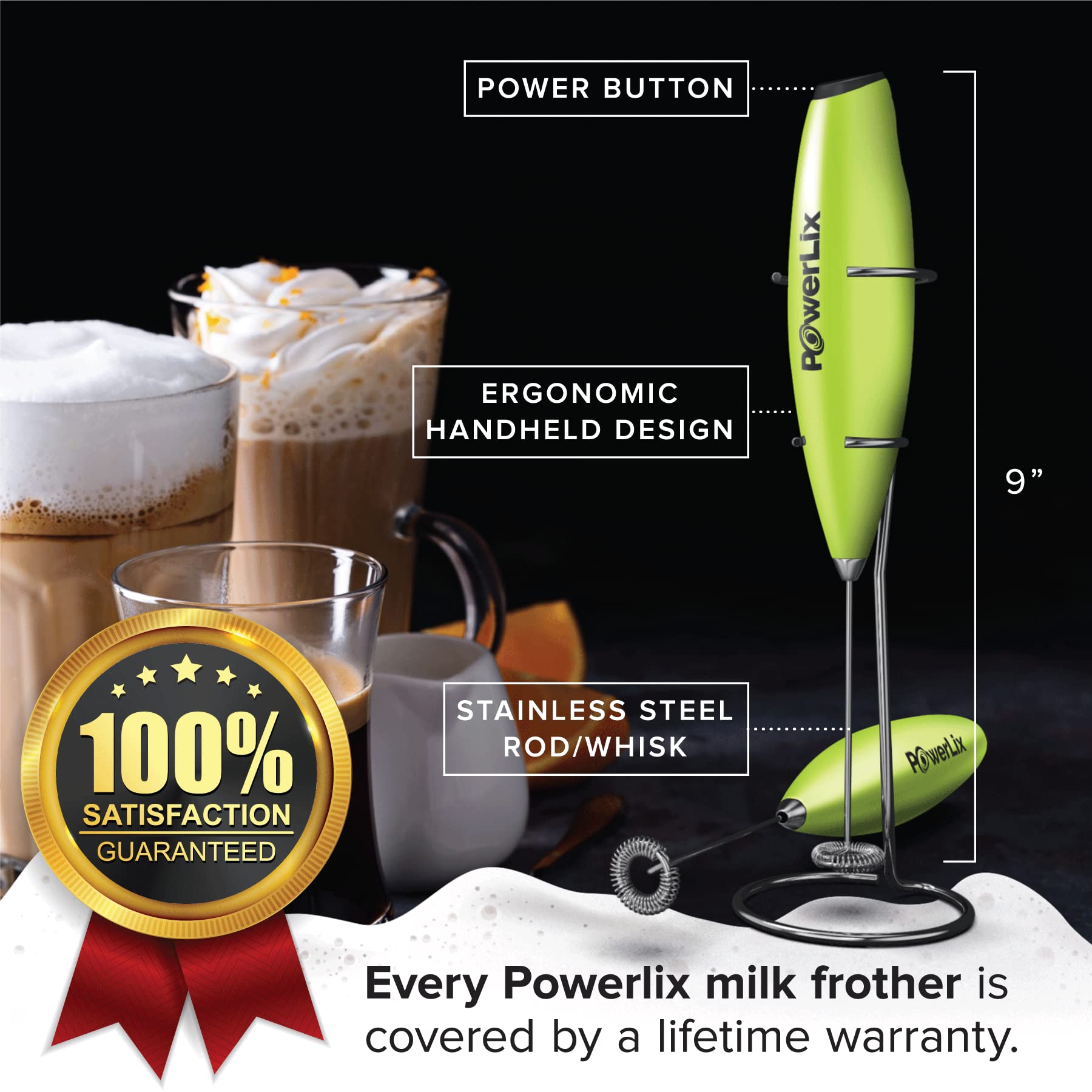 PowerLix Milk Frother Handheld Battery Operated Electric Whisk Foam Maker For coffee  Latte  cappuccino  Hot chocolate  Durable Mini Drink Mixer With Stainless Steel Stand Included (green)