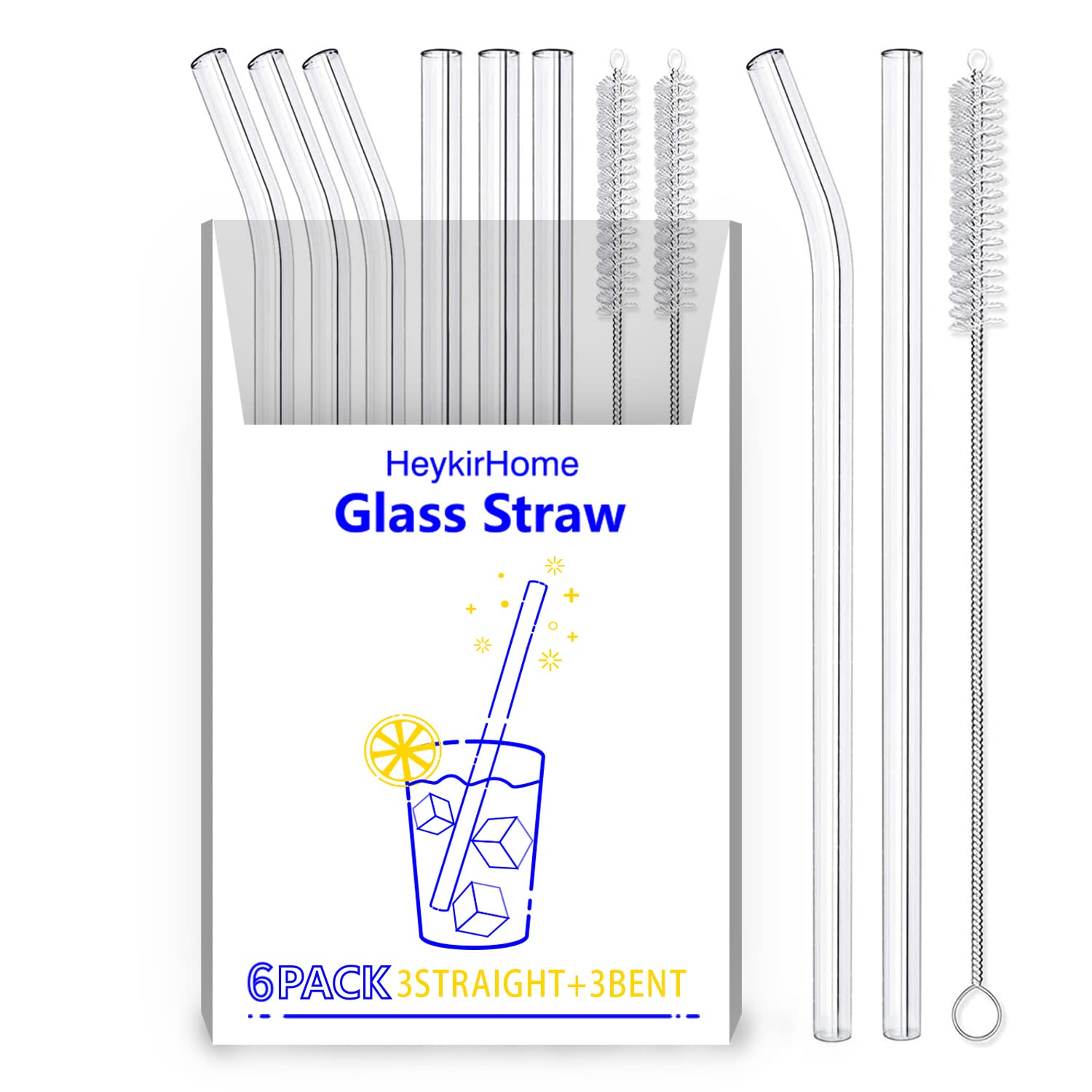 Heykirhome 6-Pack Reusable Glass Straw-Transparent,Size 8''X10 Mm,Including 3 Straight And 3 Bent With 2 Cleaning Brush- Perfect