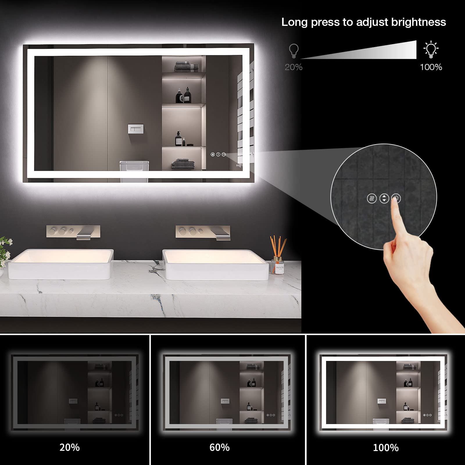 LOAAO 40X24 LED Bathroom Mirror with Lights  Anti-Fog  Dimmable  Backlit + Front Lit  Lighted Bathroom Vanity Mirror for Wall  Memory Function  Tempered Glass (Safe to Use)