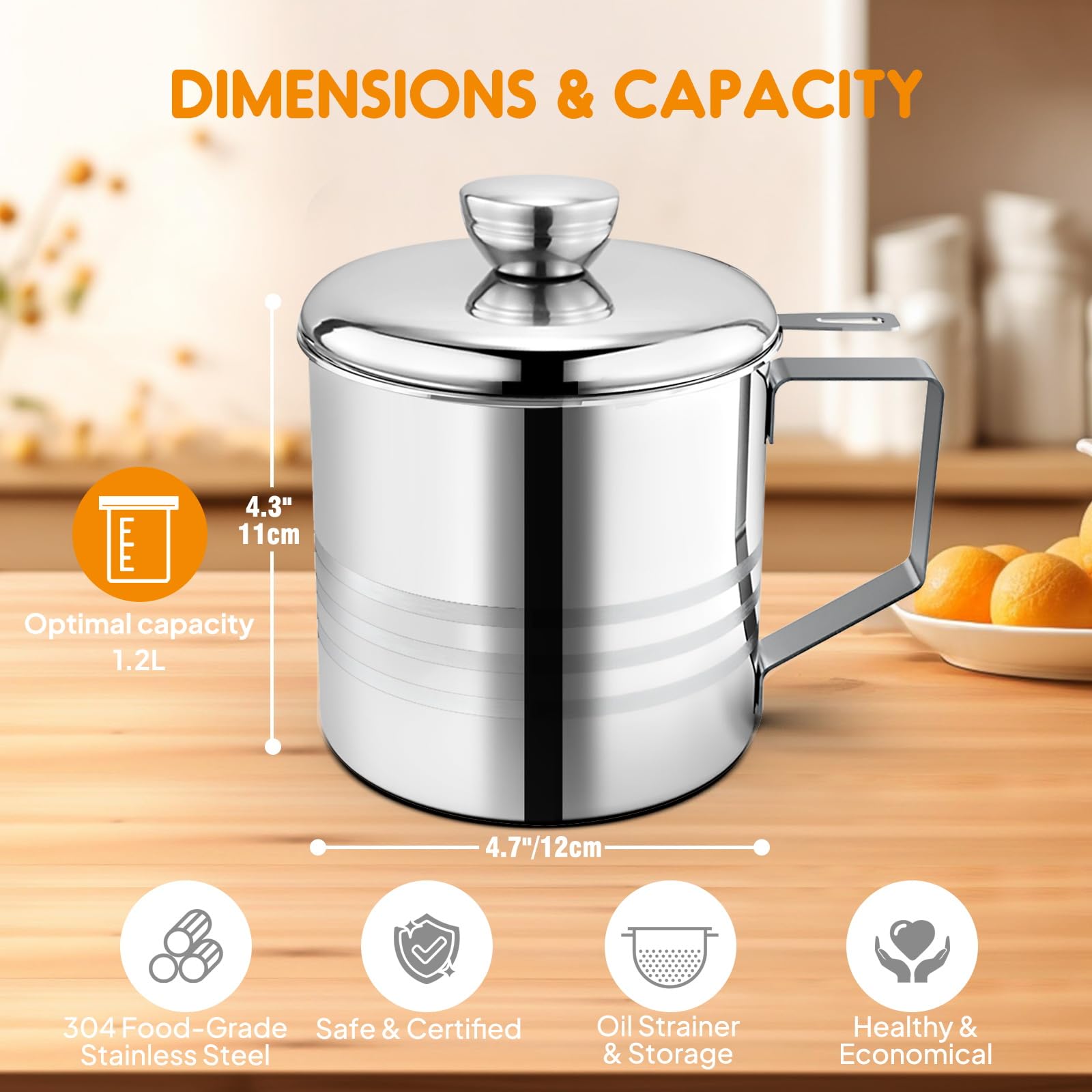 Chihee Grease Container Stainless Steel Bacon Grease Saver With Fine Mesh Strainer 1.2L / 40 Fl Oz Oil Container Grease Can With