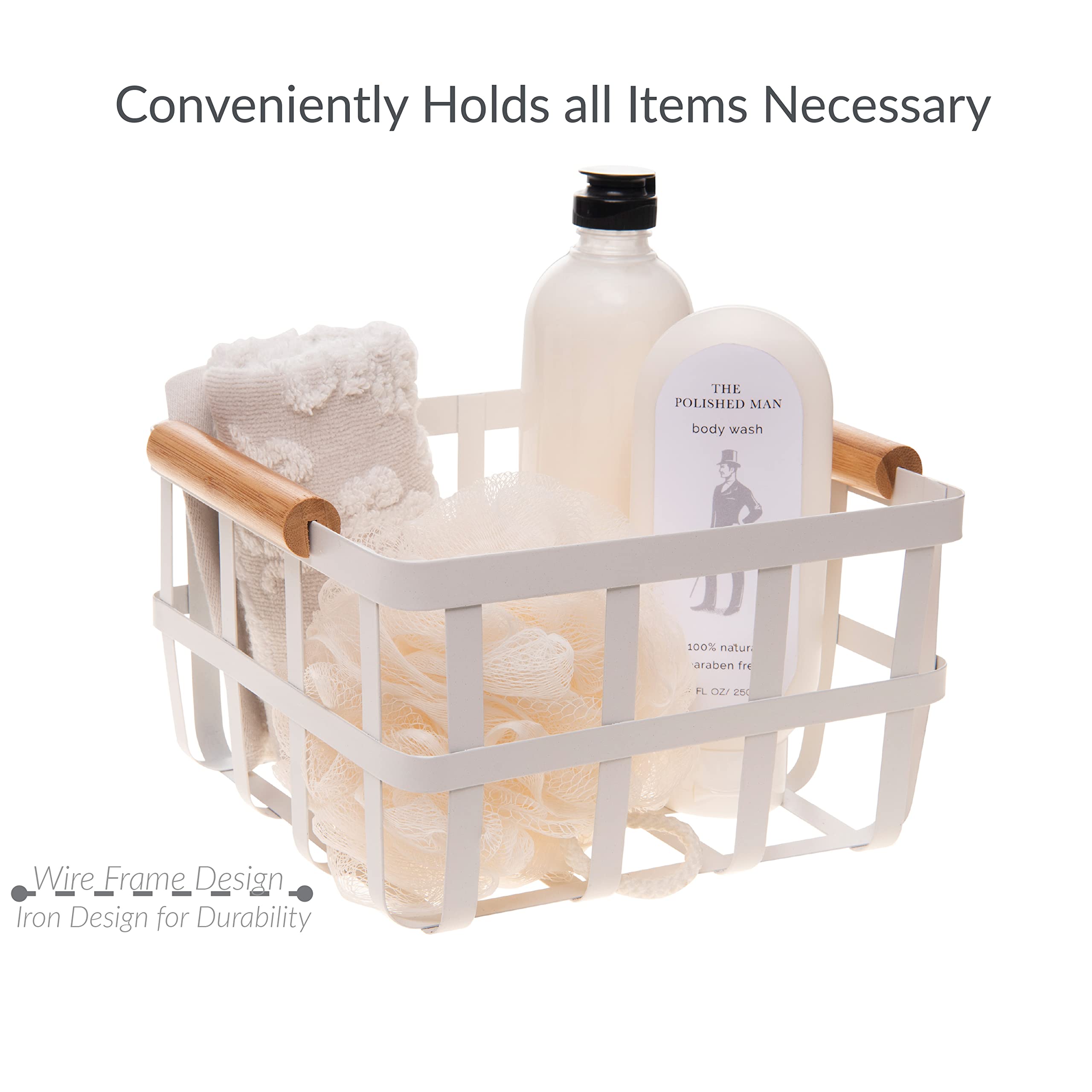 Simplify Square Metal Storage Basket With Bamboo Handles | Medium | Farmhouse Style Wire Basket | Home Organizer | Decorative |