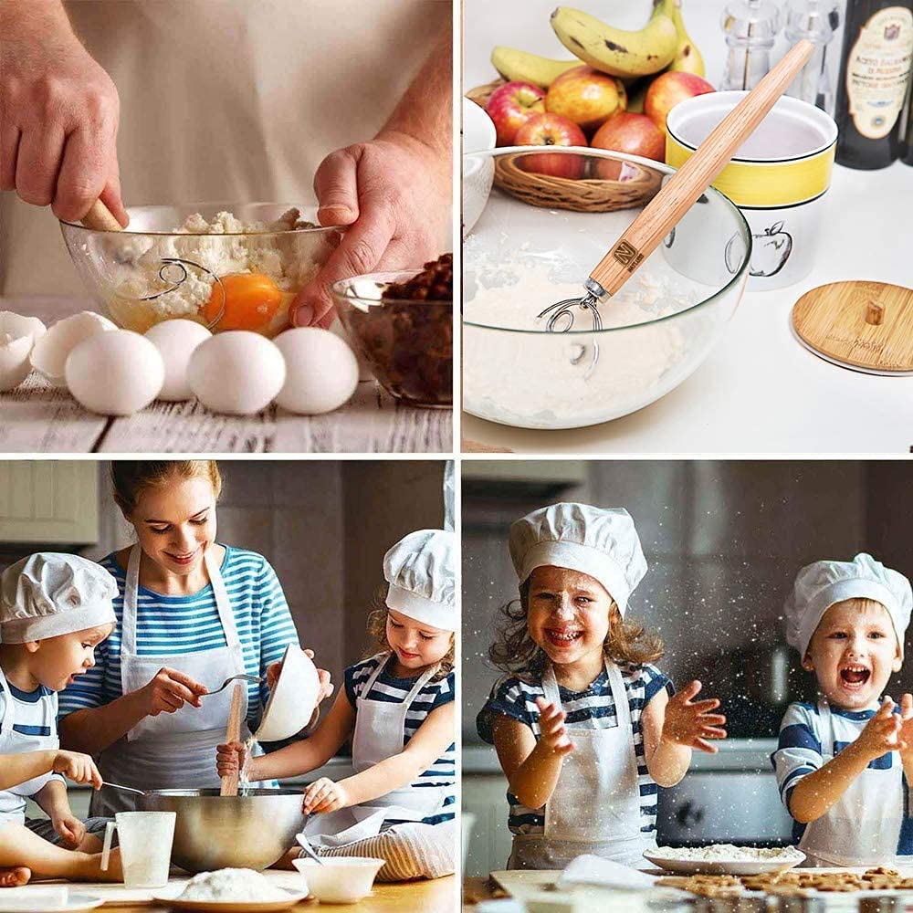 Natluss Original Danish Dough Whisk Dutch Style 13'' Stainless Steel Large Wooden Hand Dough Mixer Baking Tool For Bread, Batter