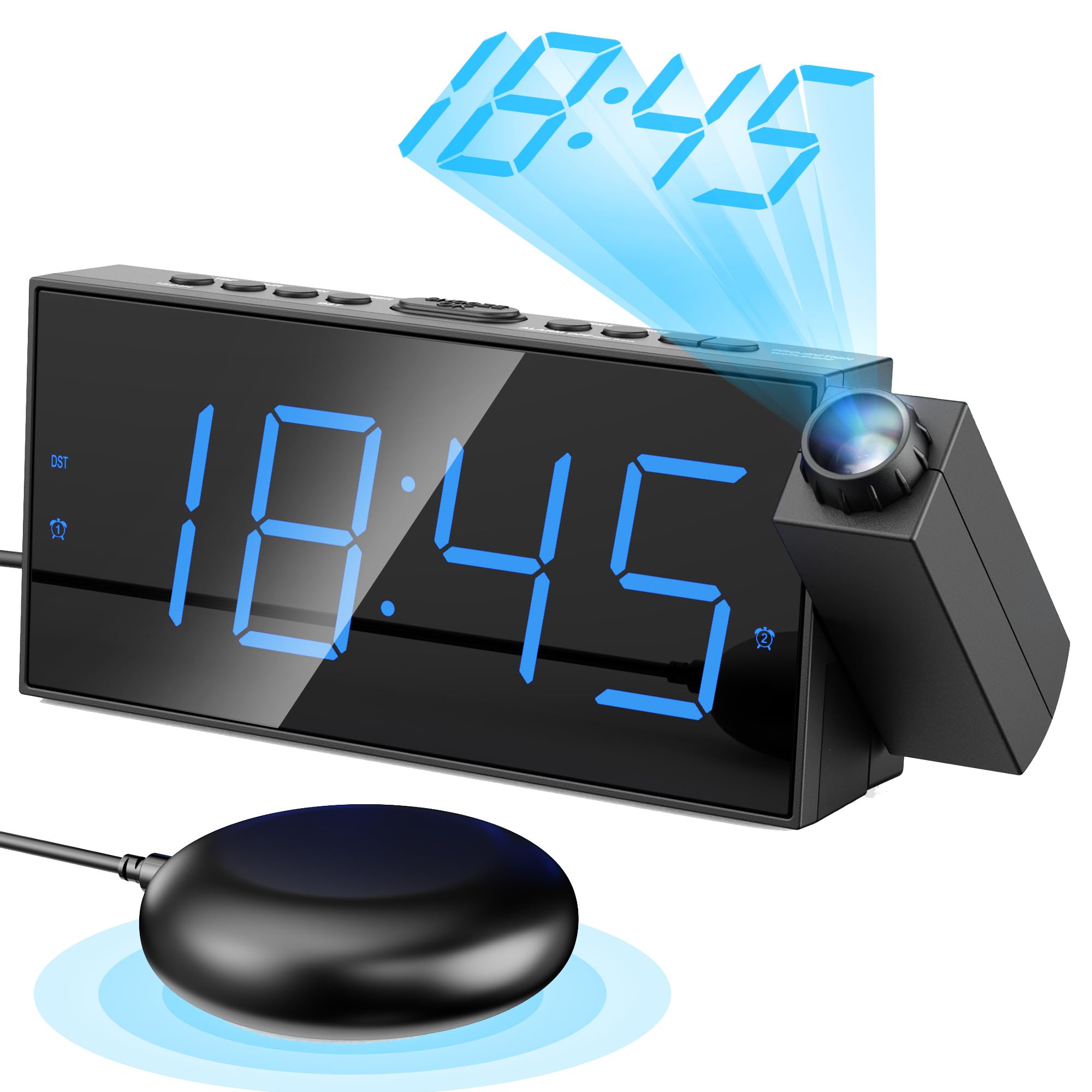 Mesqool Projection Alarm Clock, Loud Vibrating Alarm Clock for Heavy Sleepers, Adjustable Projection Brightness,Hearing Impaired