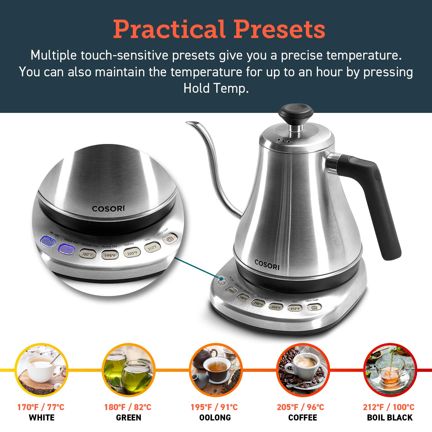 COSORI Gooseneck Electric Kettle with 5 Variable Presets, Pour Over & Coffee maker, 100% Stainless Steel Inner Lid & Bottom, 120