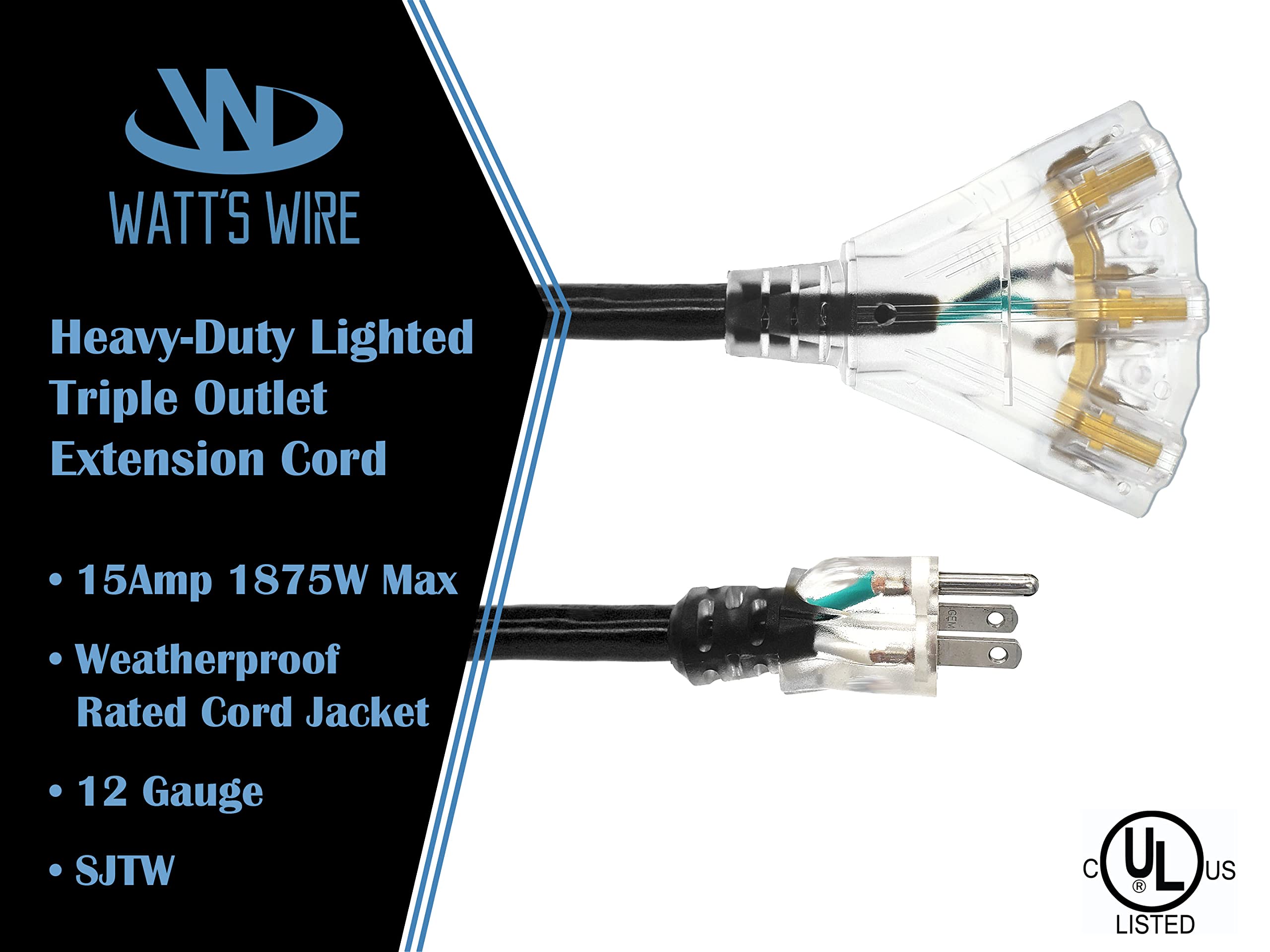 15 Ft - 12 Gauge Heavy Duty Outdoor Extension Cord - 3-Outlet Lighted Sjtw - Black Heavy Duty Extension Cord By Watts Wire - 15