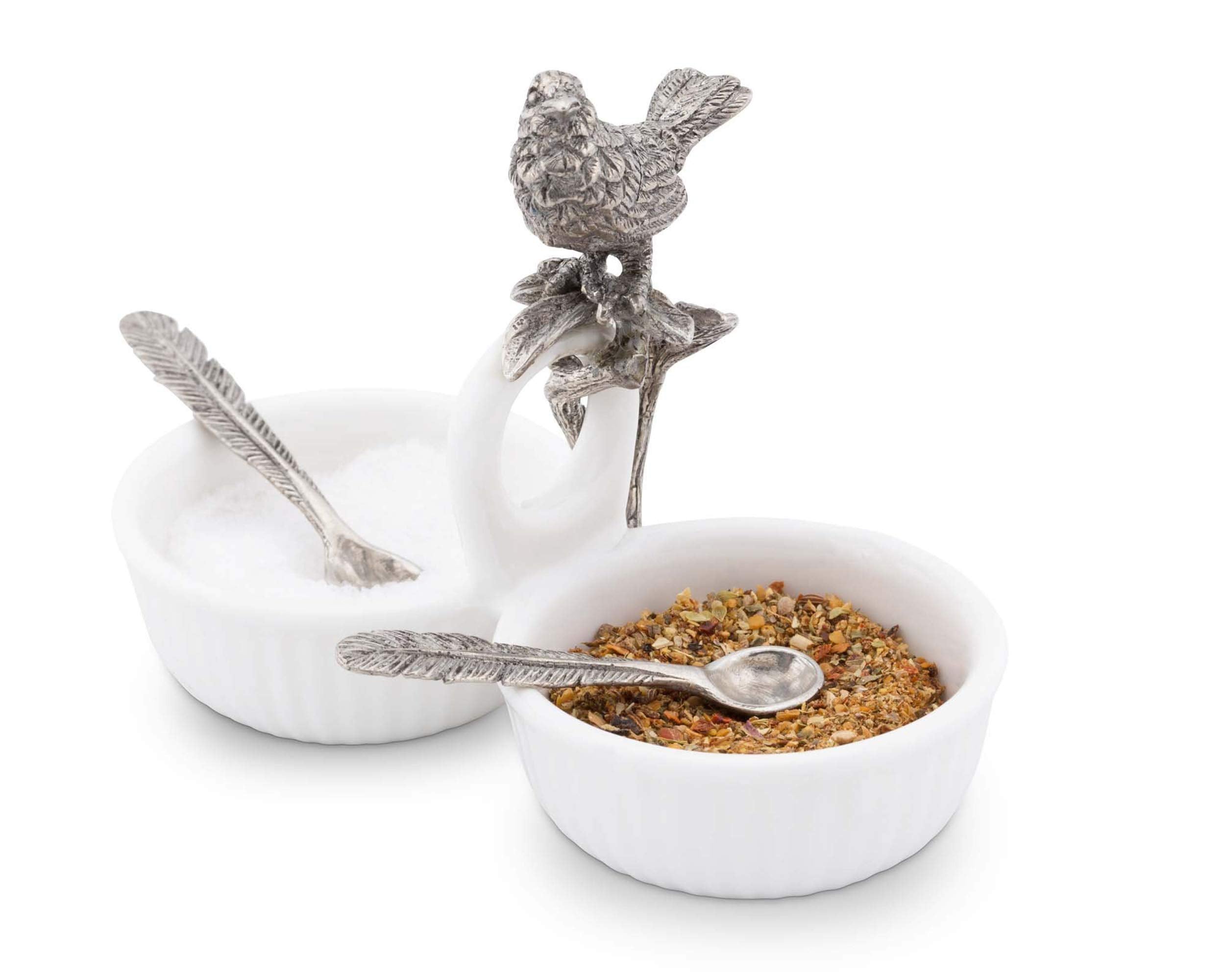 Vagabond House Song Bird Double Salt Cellar Spice Sauce Server And Place Card With Pewter Feather Spoons 2.5 Inch Tall 4.25 Inch