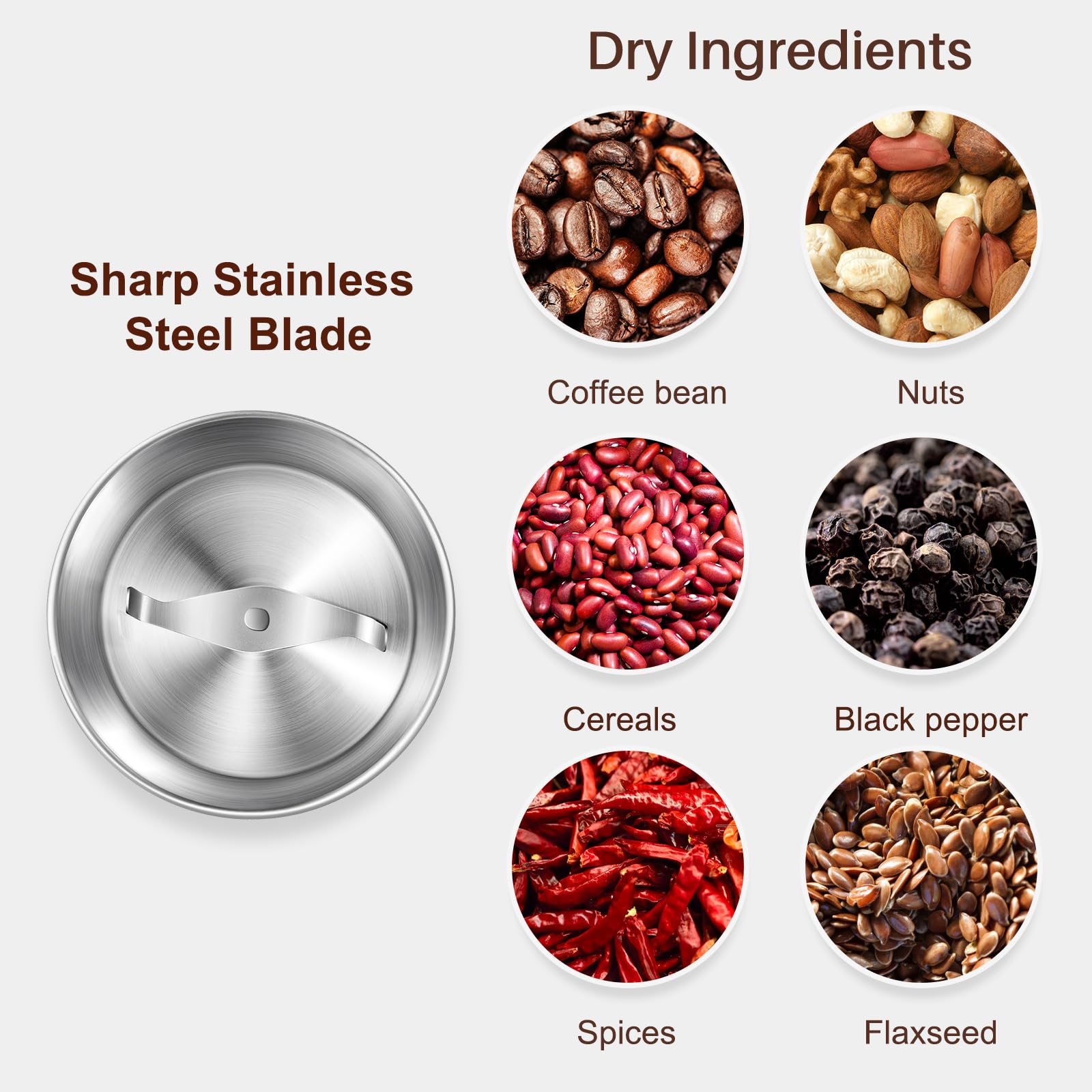 Secura Coffee Grinder Electric  2.5oz/75g Large Capacity Spice Grinder Electric  Coffee Bean Grinder with 1 Stainless Steel Blades Removable Bowl