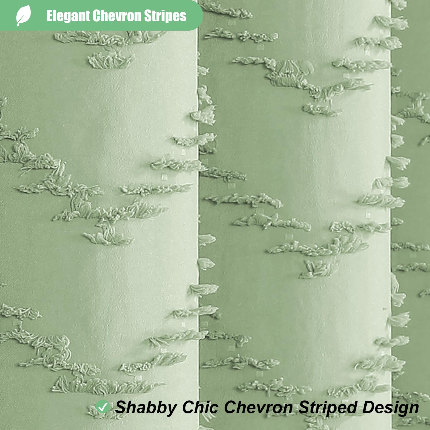 Dynamene Boho Farmhouse Shower Curtain, Sage Green Fabric Tufted Chevron Striped Textured Tassel Shower Curtains For Bathroom, W