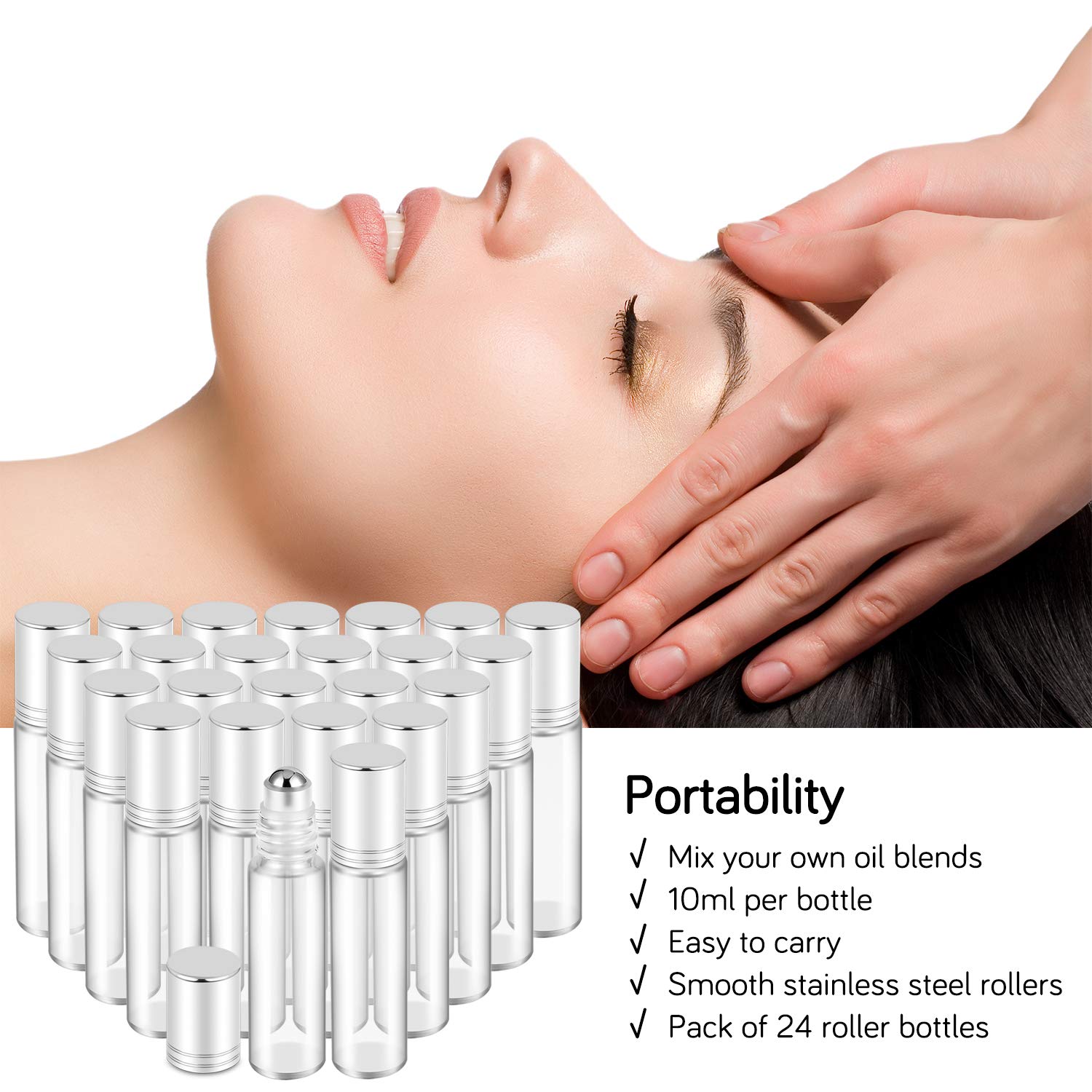 Prettycare Essential Oil Roller Bottles 10Ml (Clear Glass Bottle 24 Pack, 4 Extra Roller Balls,48 Labels, 2 Openers, 2 Funnels R