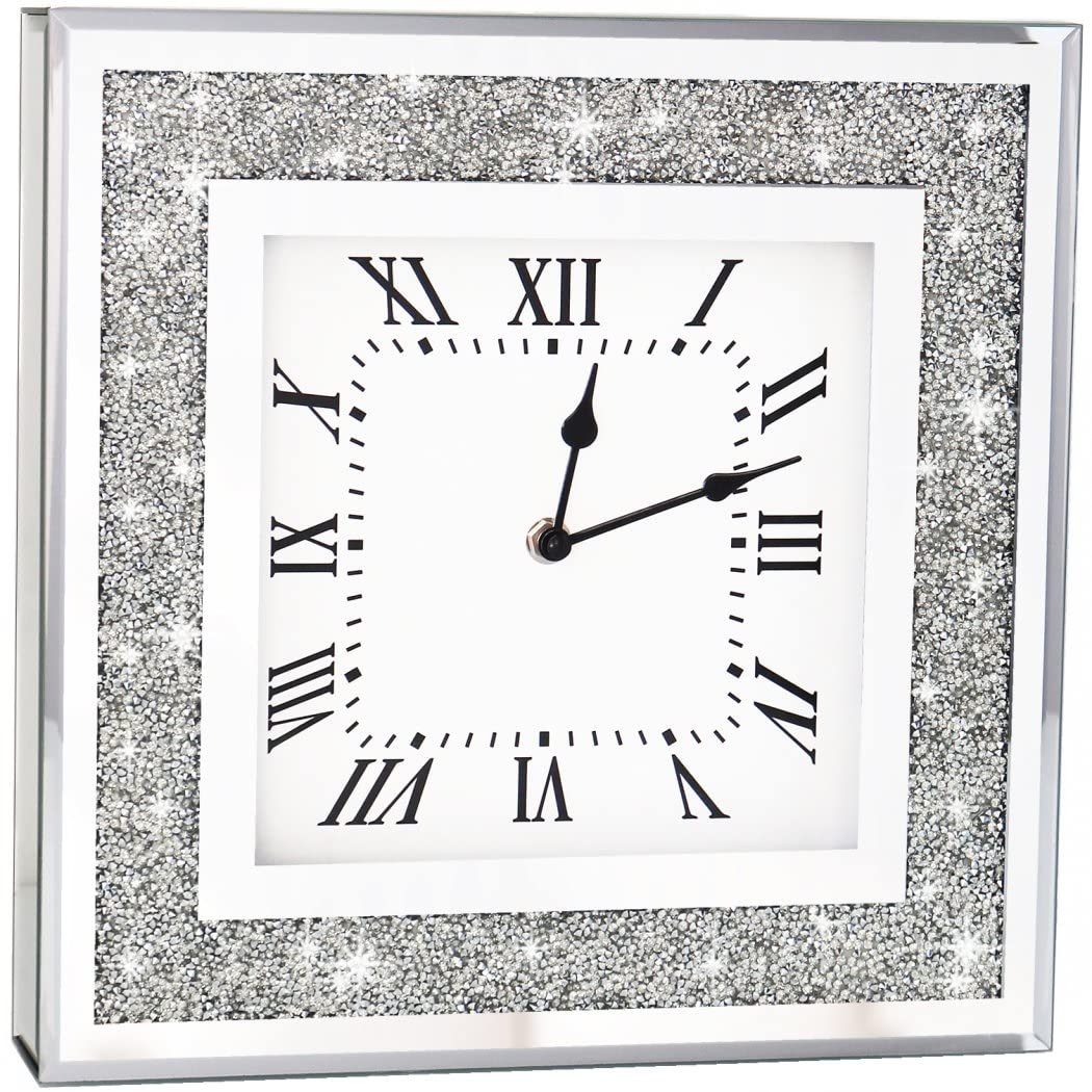 Crystal Crush Diamond Mirrored Square Wall Clock with Sparkle Twinkle Bling Diamond Decor for Wall Decoration, 16x16 inch Decora