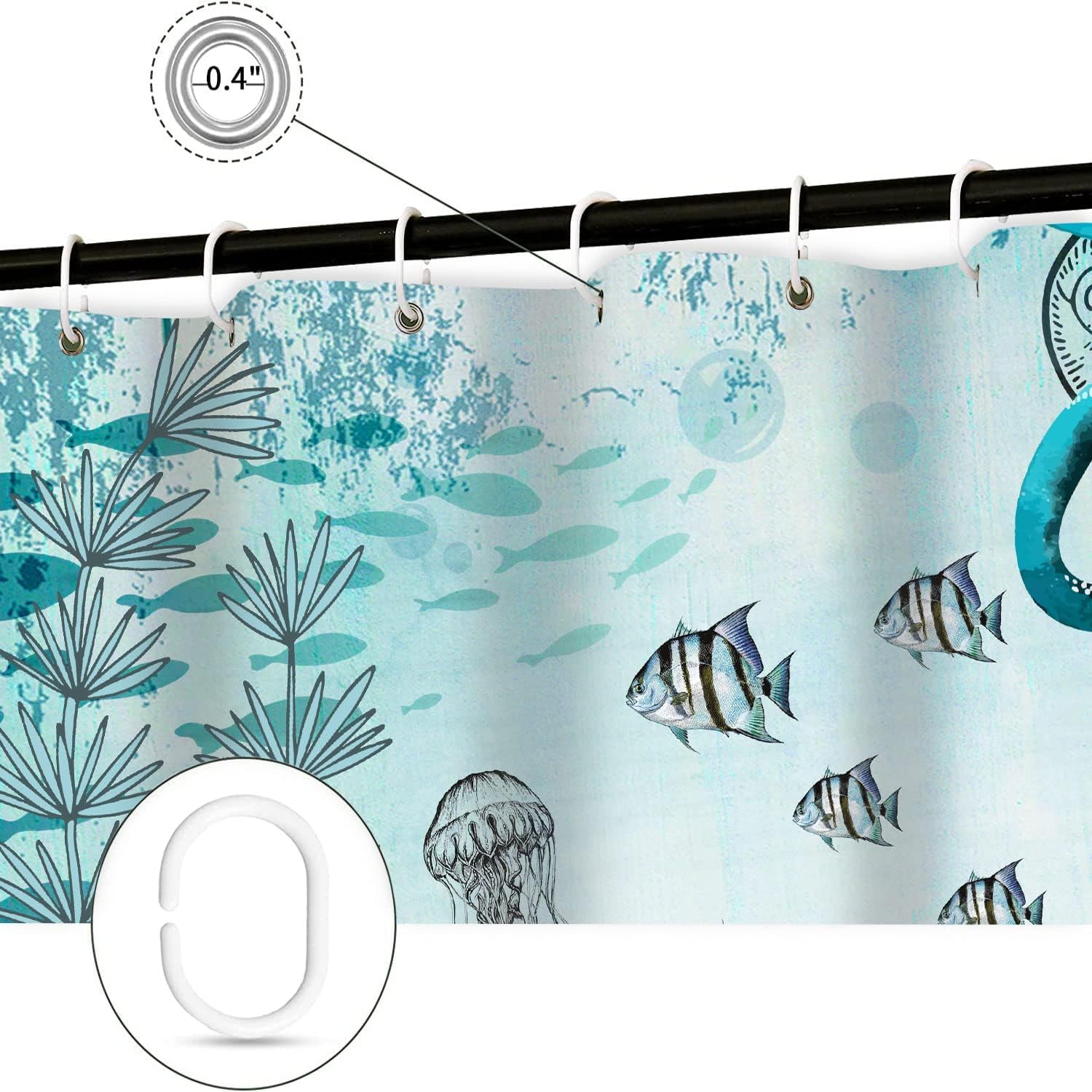 Wathon Sea Turtle Octopus Shower Curtain Blue Teal Ocean Bath Curtain Fish Underwater Animal Seashell Jellyfish Coastal Theme Ba