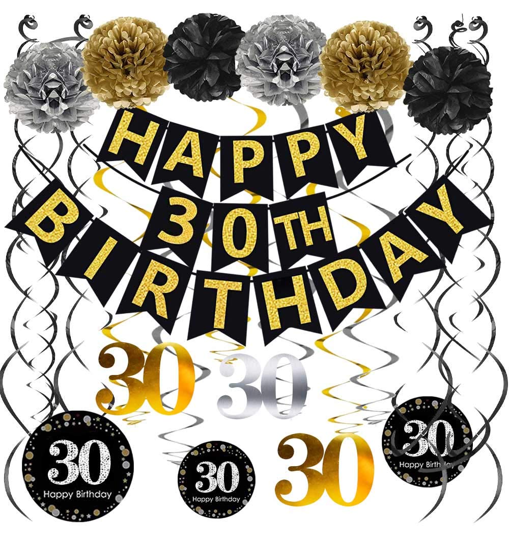 Famoby Black & Gold Glittery Happy 30Th Birthday Banner,Poms,Sparkling 30 Hanging Swirls Kit For 30Th Birthday Party 30Th Annive
