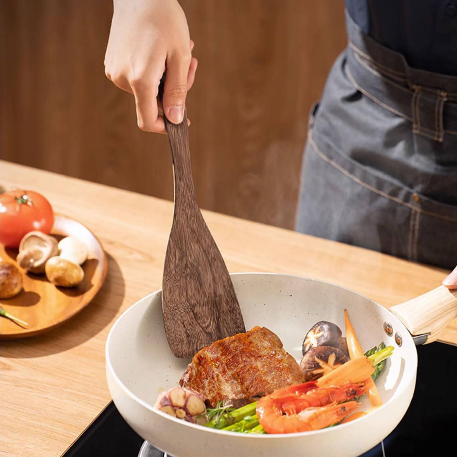 Wooden Spatula For Non Stick Cookware,Wood Utensils Set For Cooking,Long Handle Flat Frying Inclined Spatula,Healthy And High Mo