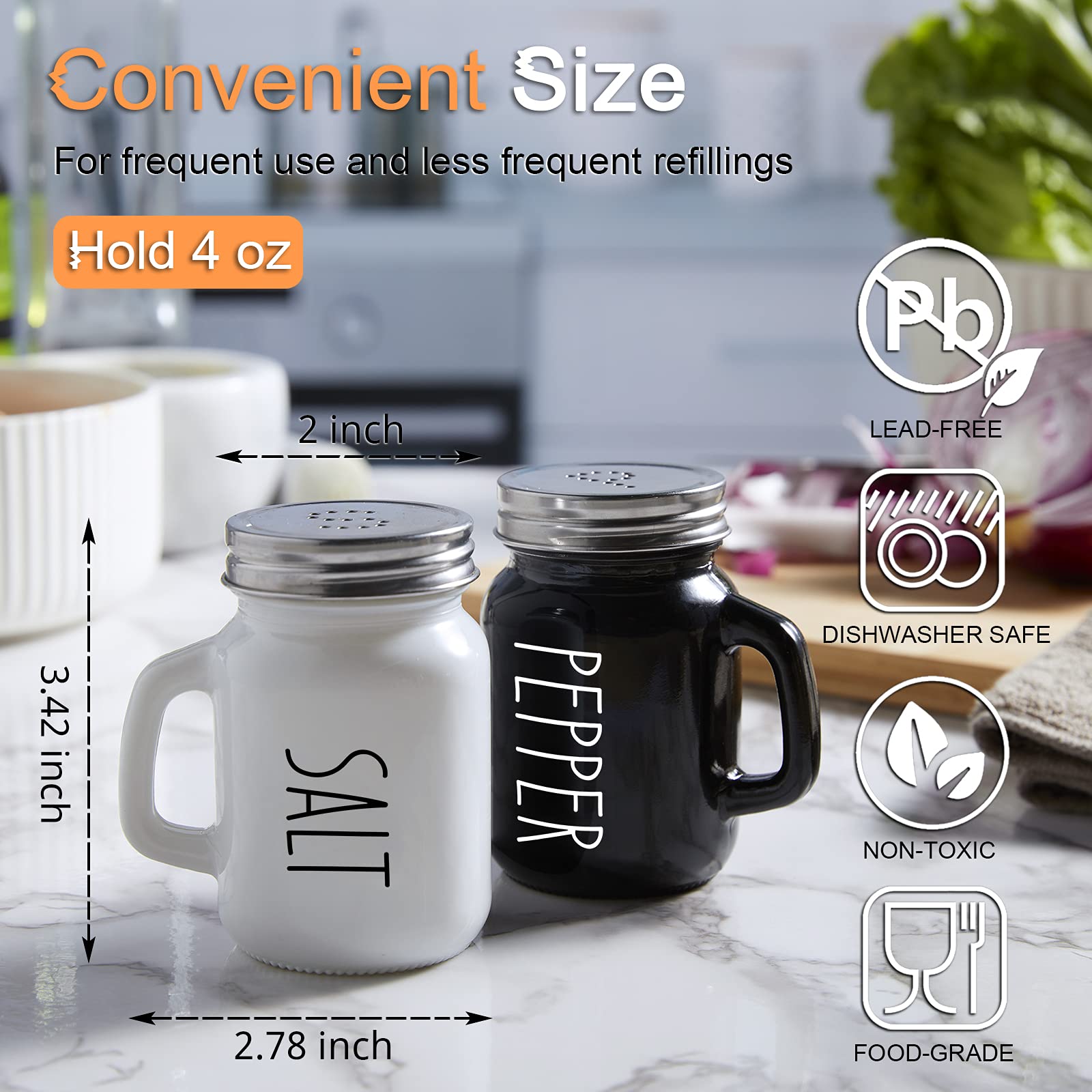 Salt And Pepper Shakers Set, Zosujo 4 Oz Cute Salt Pepper Shaker, Kitchen Decor For Home Restaurants Wedding, Glass Black White