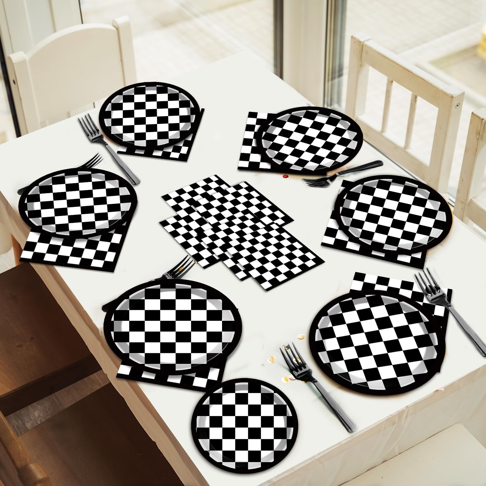 200 Pcs Checkered Flag Party Supplies Black And White Checkered Paper Plates Racing Car Party Plates Napkins Forks Disposable Bl