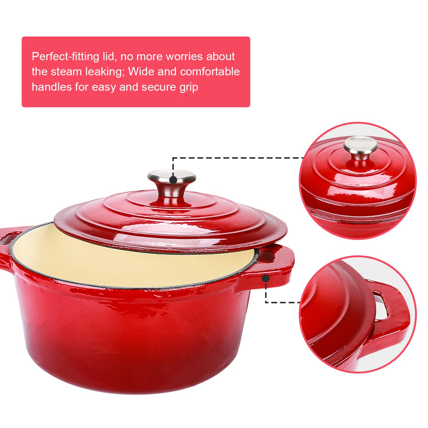 Puricon 5.5 Quart Enameled Cast Iron Dutch Oven With Lid, 5.5 Qt Deep Round Dutch Oven Pot With Dual Handles -Red