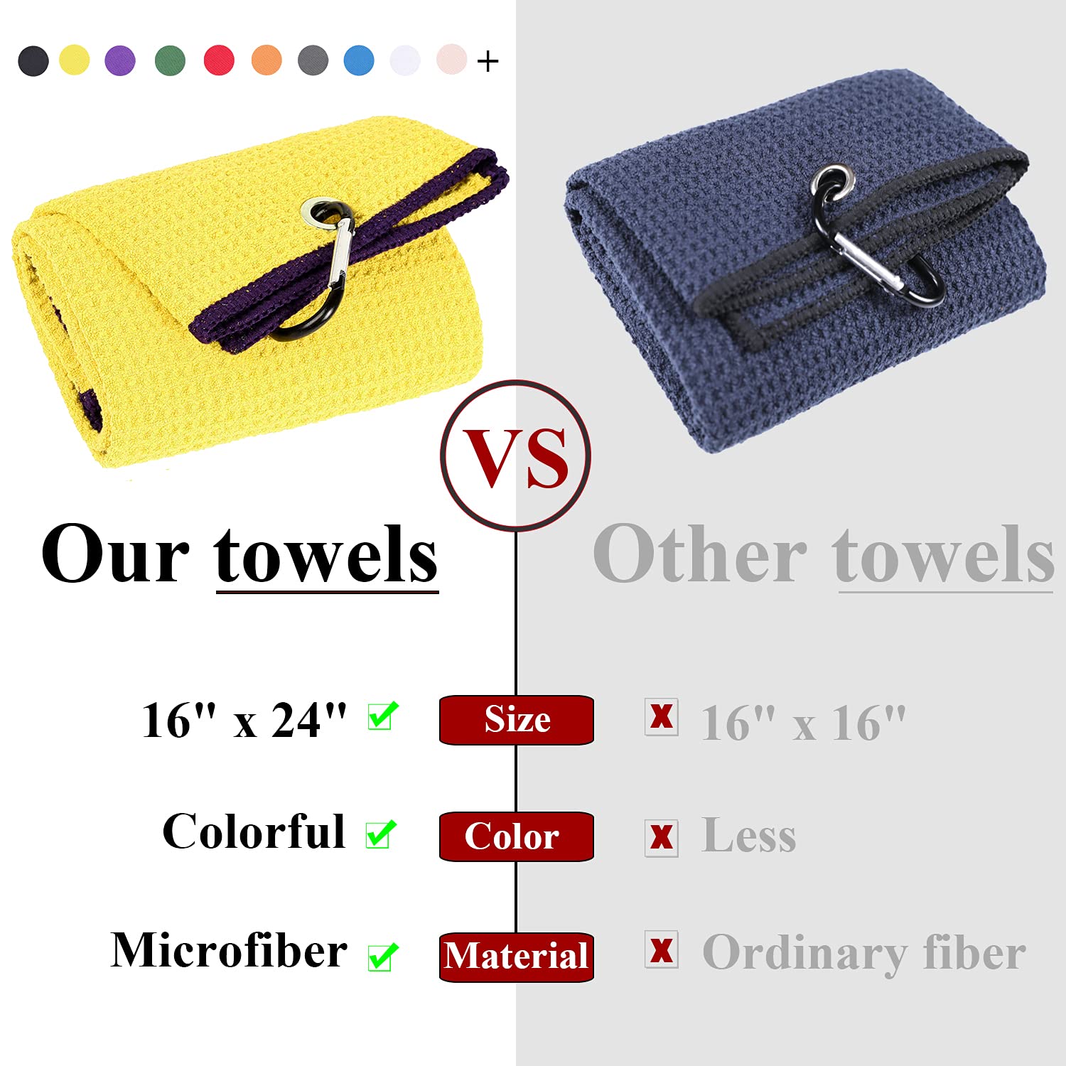 Vividly 2 Pack Tri-Fold Golf Towels, Premium Microfiber Fabric Waffle Pattern With Black Heavy Duty Carabiner Clip, Yellow Golf