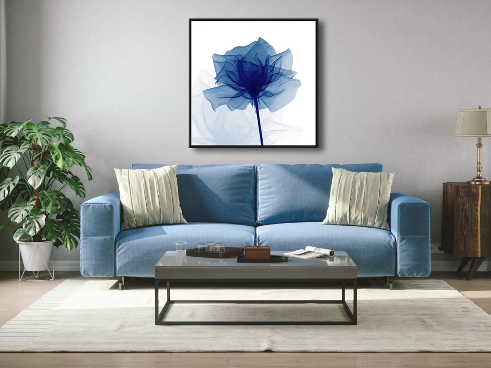 Pyradecor Large Black Framed Blue Flickering Flower Modern Abstract Paintings Canvas Wall Art Grace Floral Pictures On Canvas Pr