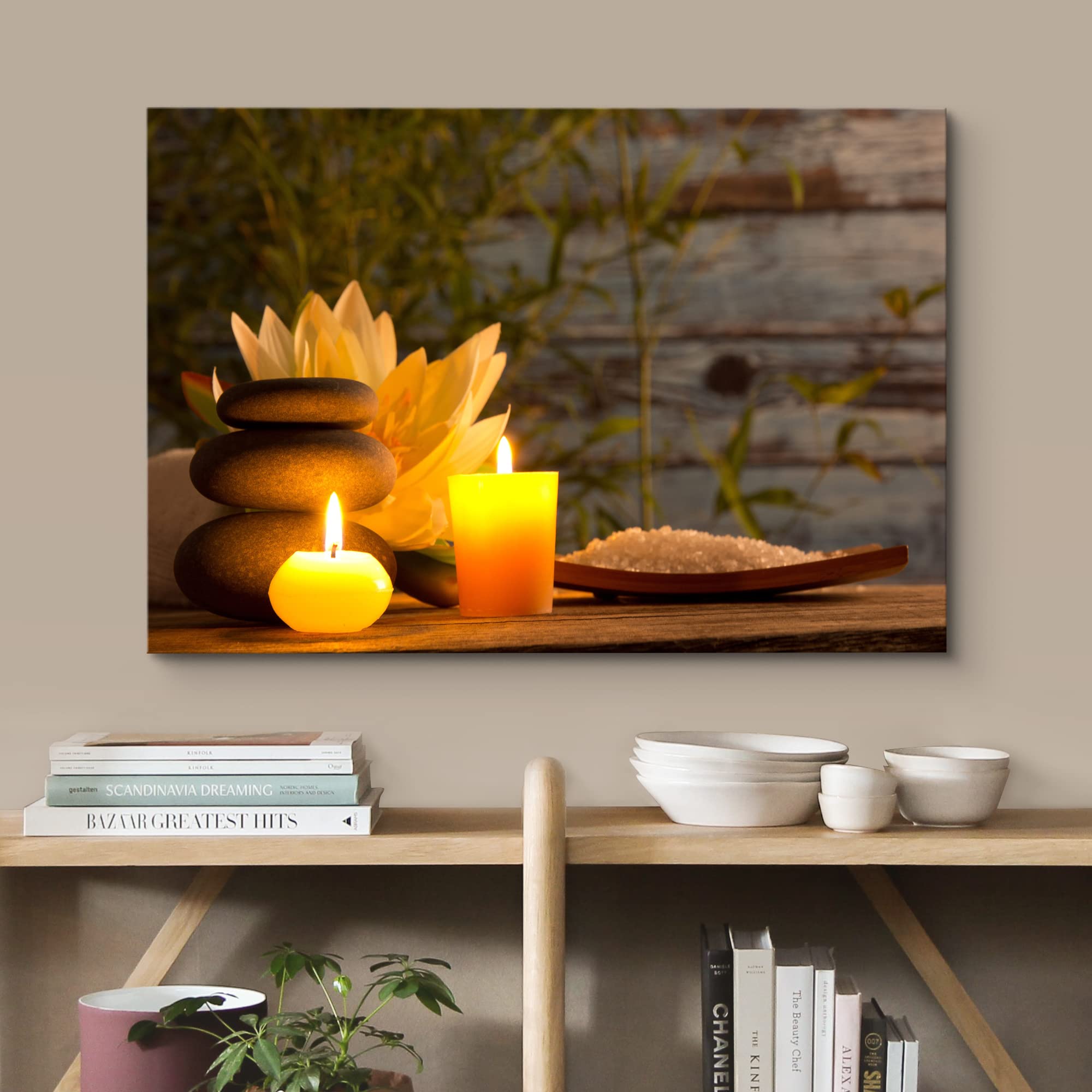 Wall26 Canvas Print Wall Art Wood Panel Meditation Spax Candle Massage Stones Nature Wilderness Photography Realism Rustic Lands