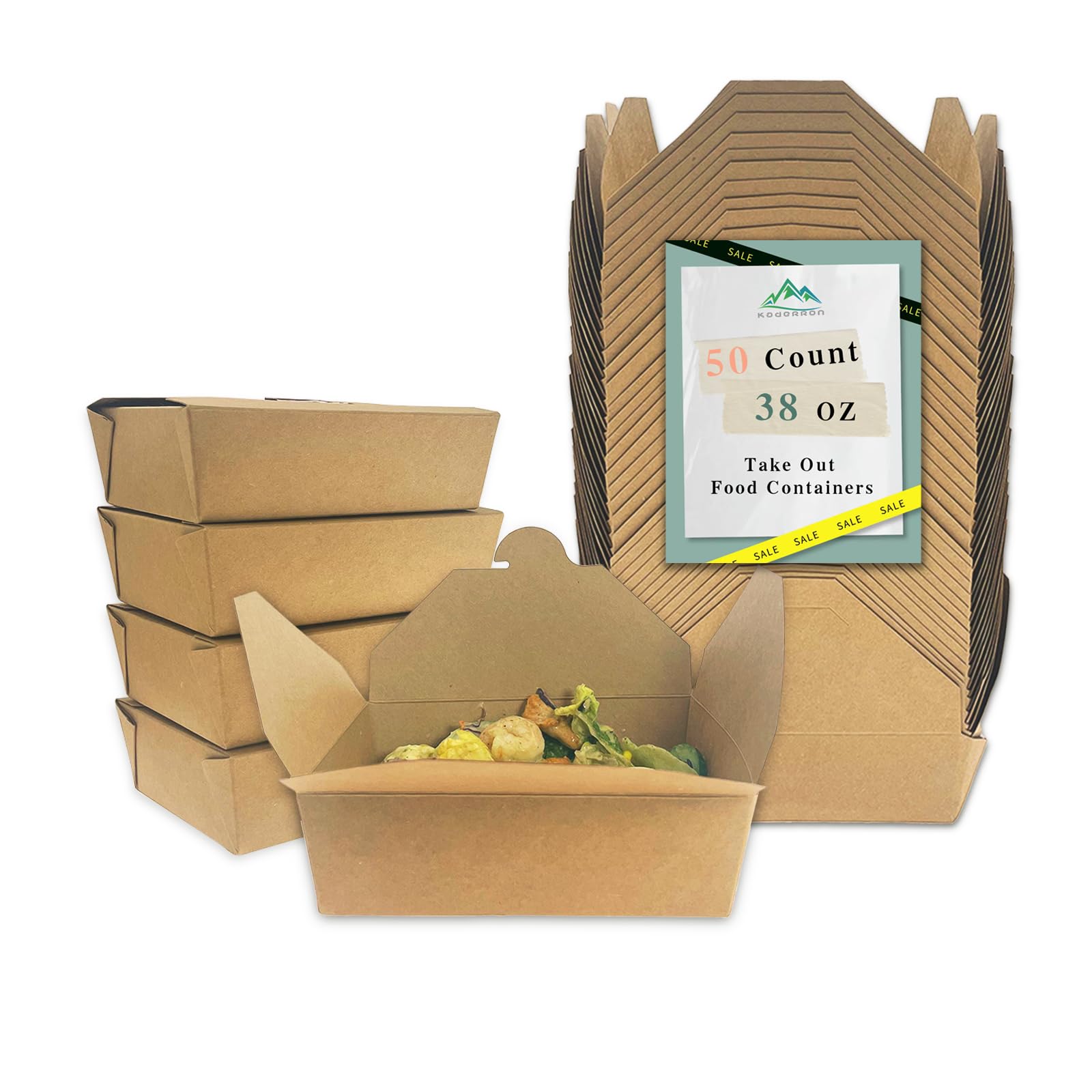 Kaderron 38Oz 50Pcs Disposable Take Out Food Containers Brown Food Boxes To Go Kraft Paper Takeout Box Microwaveble (38OZ-50PACK