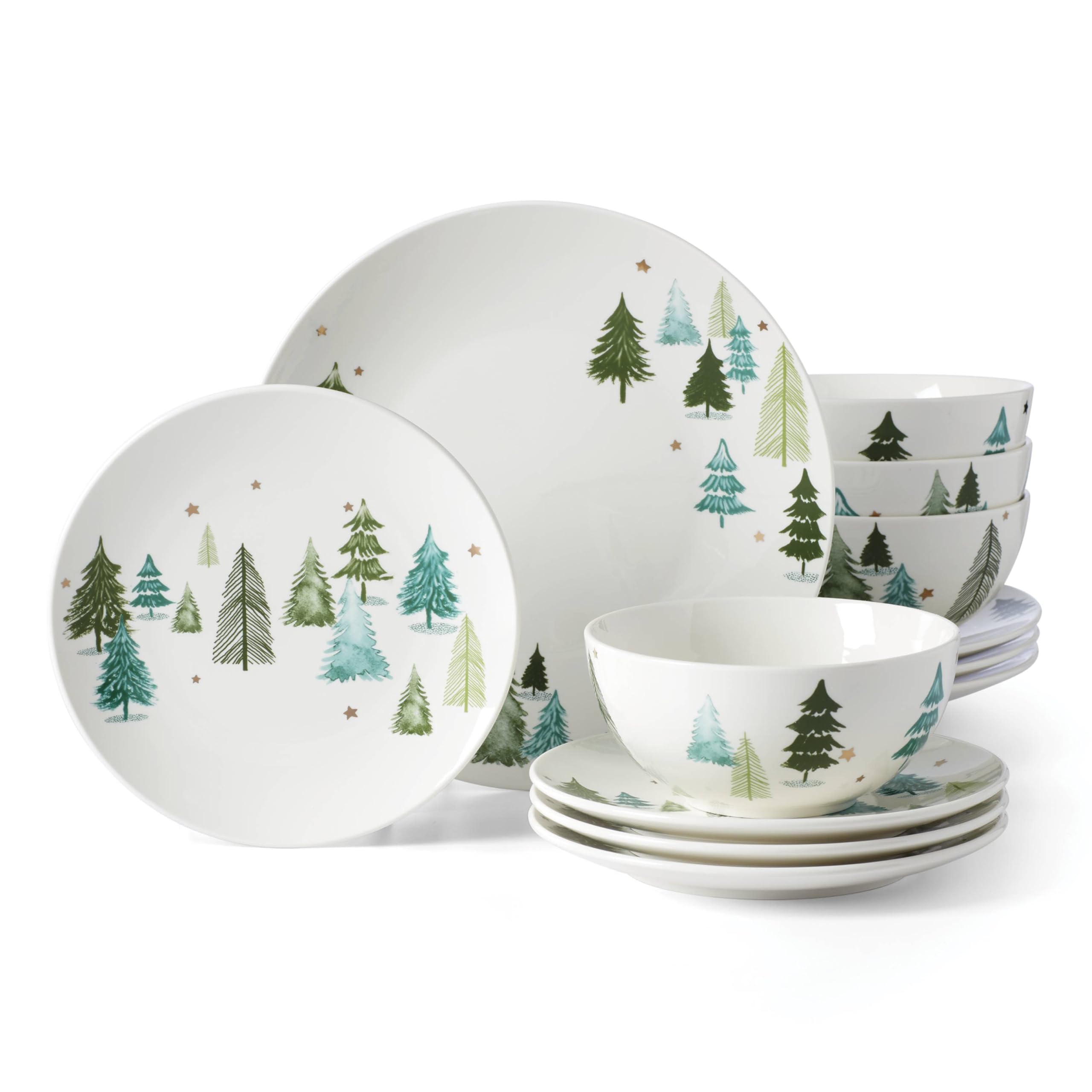 Lenox 893565 Balsam Lane 12-Piece Dinnerware Set, Green, Christmas, Holiday Hosting