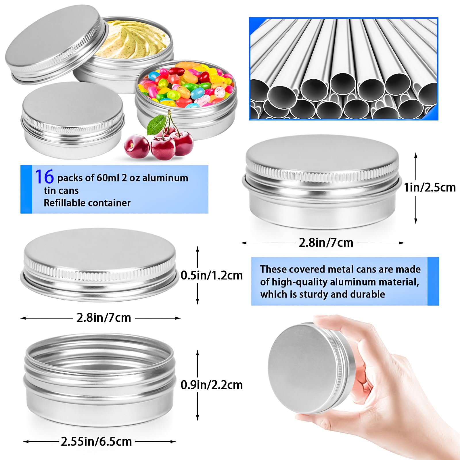 Motbach 16Pack 2Oz Tin Jars, 60Ml Metal Tin Cans, 2Ounce Aluminum Tin Can Jar Containers With Screw Lid For Lotion Bars, Spices,