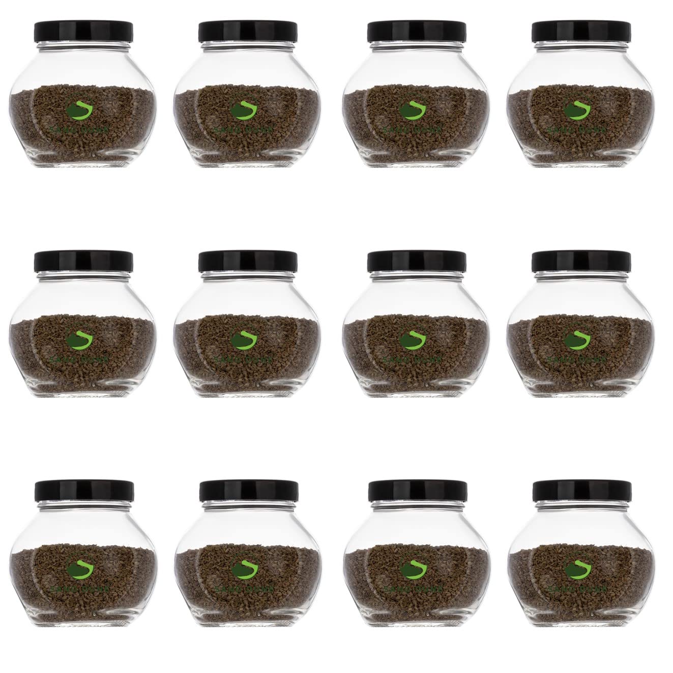 Sand Dune Set Of 12, 200 Ml Each Storage Glass Jar Black Plastic Cap, Transparent | Bpa Free | Storage Jar Containers/Barni For 