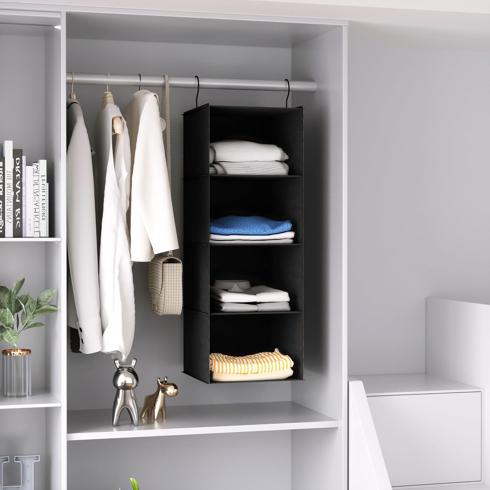 Donyeco Hanging Closet Organizer, Easy Mount Foldable 4-Shelf Hanging Closet Wardrobe Storage Shelves, Clothes Handbag Shoes Acc