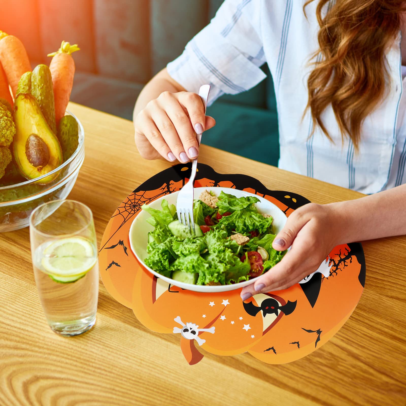 6Pcs Halloween Placemats, Creative Pumpkin Shape Place Mats, Happy Halloween Witch Ghost Vampire Table Mats, Waterproof Pvc Dini