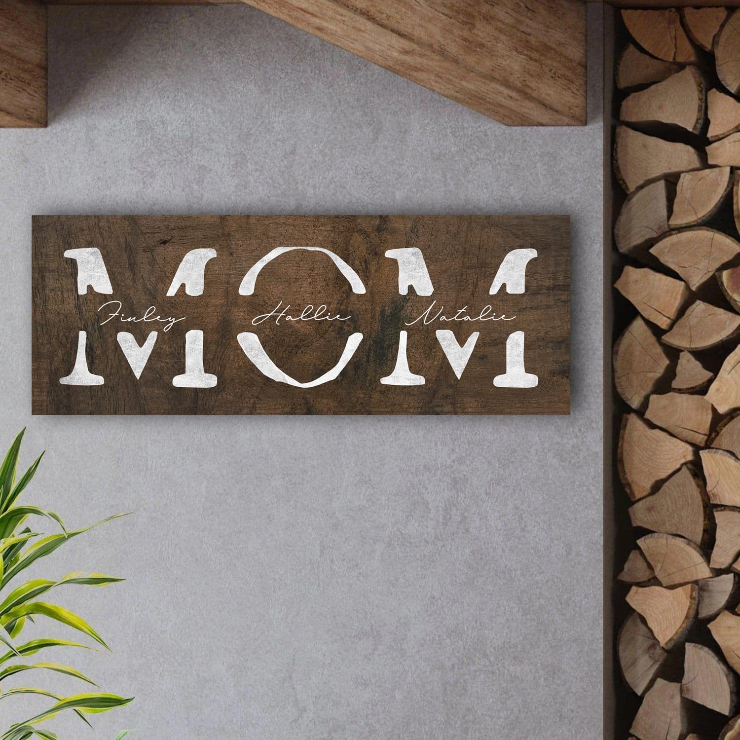 Mom & Children - Personalized Mother'S Day Gift Sign (13.5''X32.5'' Framed Canvas, Rustic Wood)