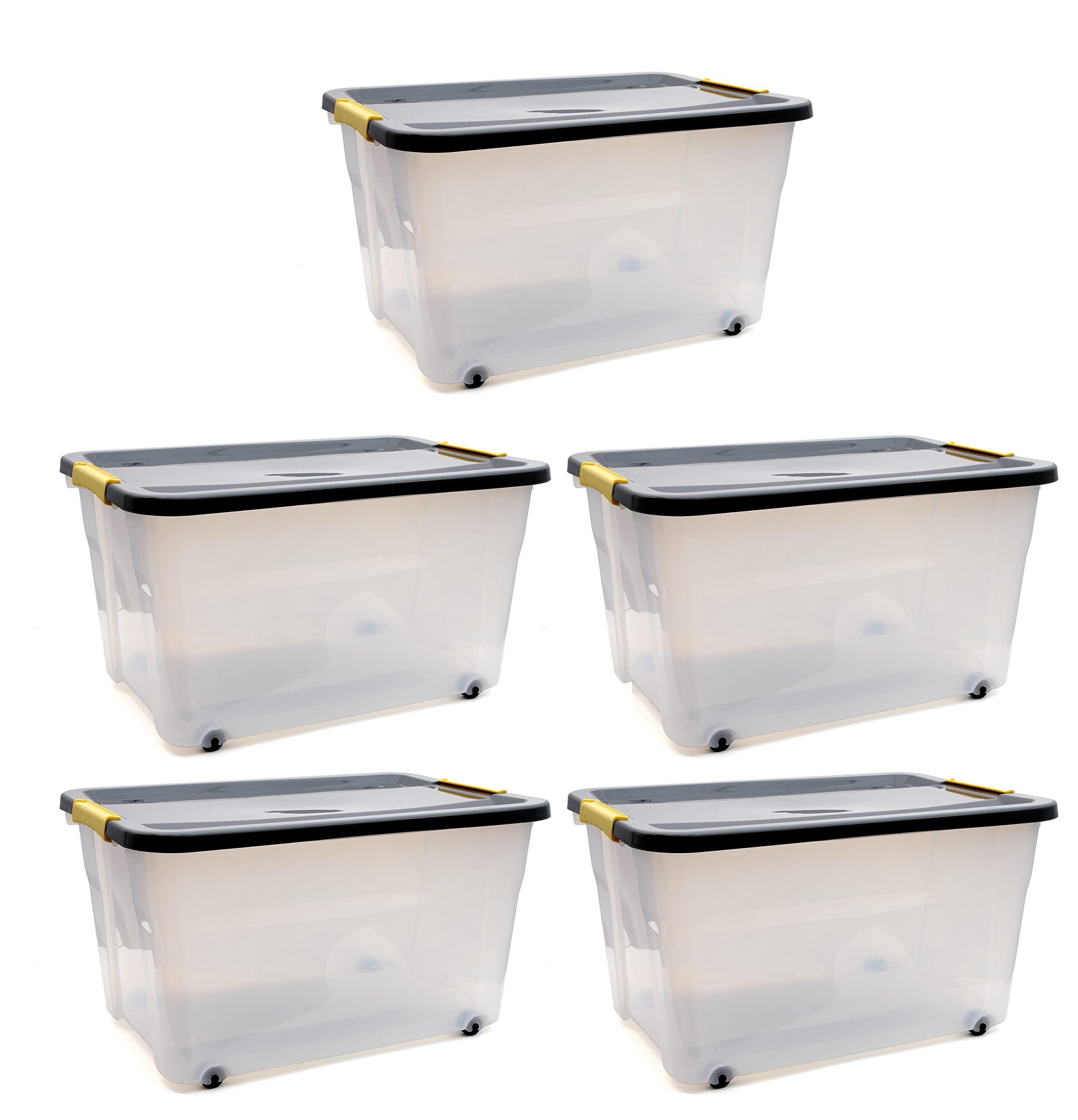 Snazzy 5 Pack 35 Litre Large Plastic Container Multipurpose Stackable Storage Box With Lid, Handles, & Wheels