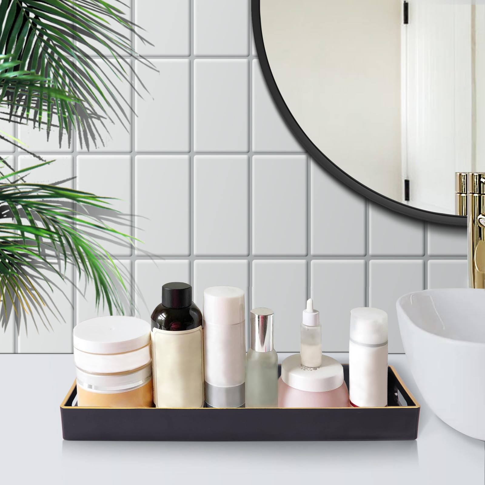 Maoname Black Bathroom Tray, Plastic Vanity Tray, Countertop Tray, Gold Edged Decorative Tray With Handles, Perfume Organizer Fo