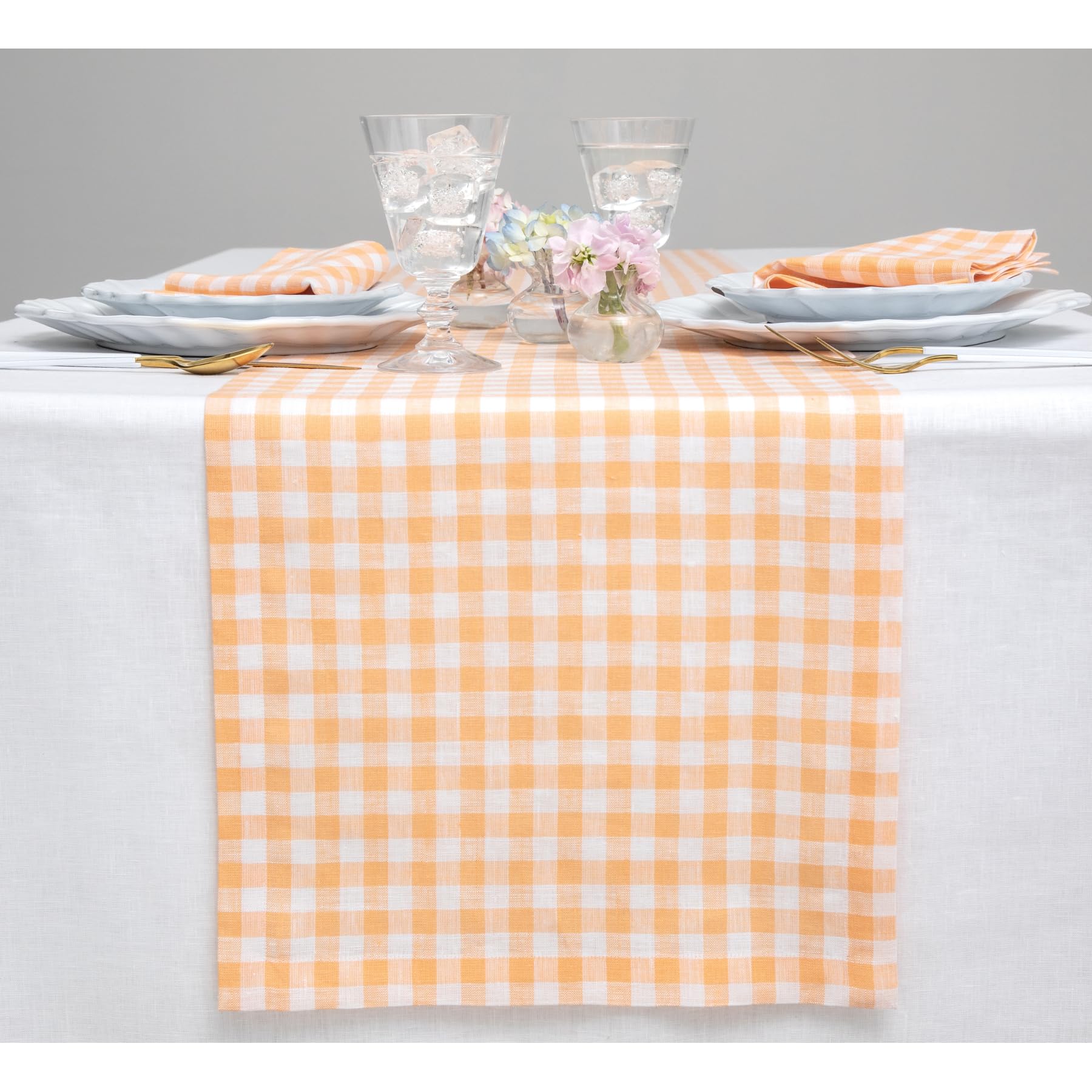 Solino Home Check Linen Table Runner 60 Inch - 100% Pure Linen Sunny Orange Plaid Table Runner 14 X 60 Inch Ideal For Dresser An