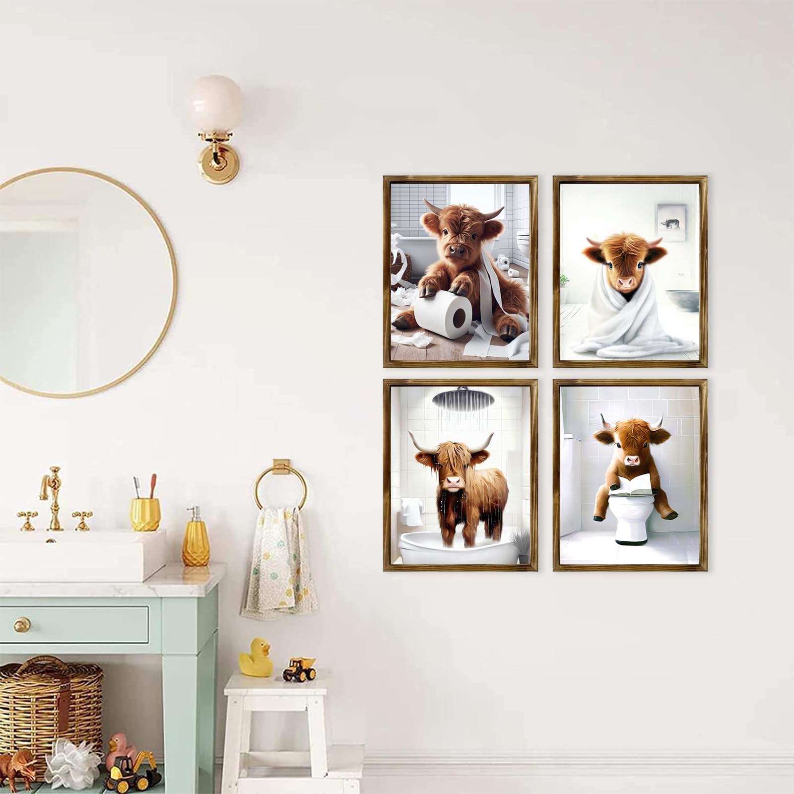 Twnslla Highland Cow Funny Bathroom Decor Wall Art,Bathroom Highland Cow Art Prints,Rustic Farmhouse Bathroom Wall Decor,Funny B