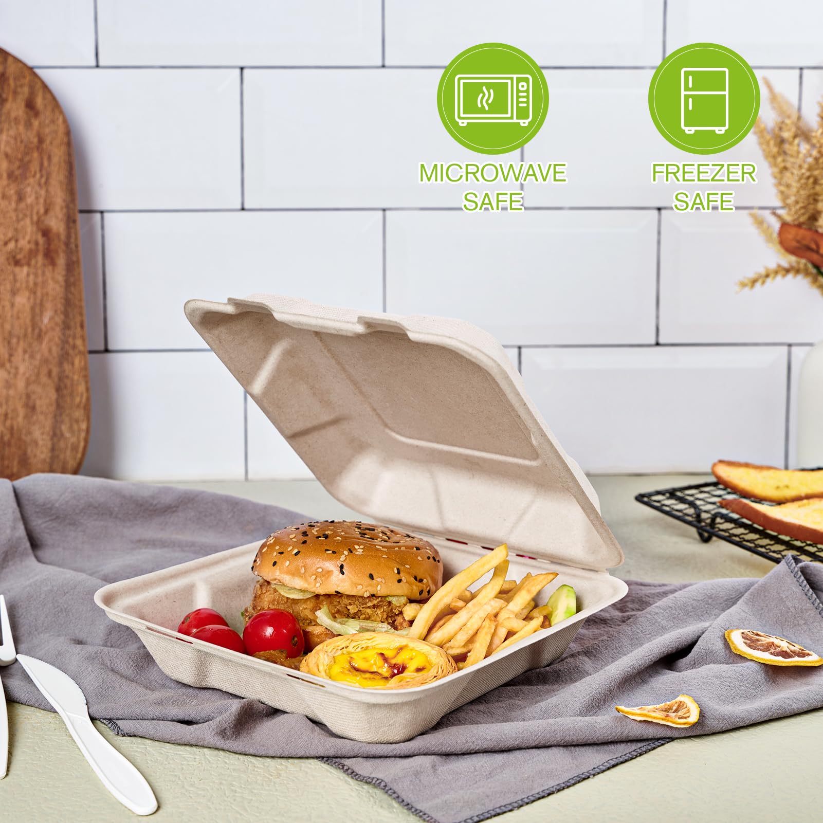 ECOLipak 50 Pack Clamshell Take Out Food Containers  100% Compostable Disposable To Go Containers  8X8 Heavy-Duty To Go Boxes  Eco-Friendly Biodegradable To Go Containers For Food