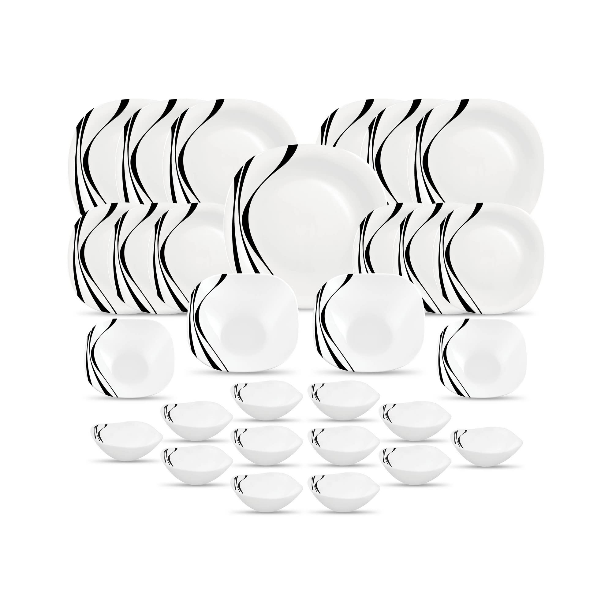 La Opala Diva, Quadra Collection, Opal Glass Dinner Set 29 Pcs, Midnight Black, White