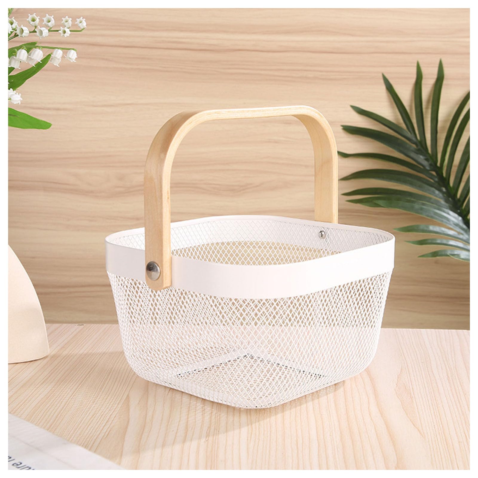 AJIODA Metal Mesh Wire Basket, Mini Steel Basket with Wooden Handle Storage Organizer Basket Multifunctional Hanging Kitchen Ba