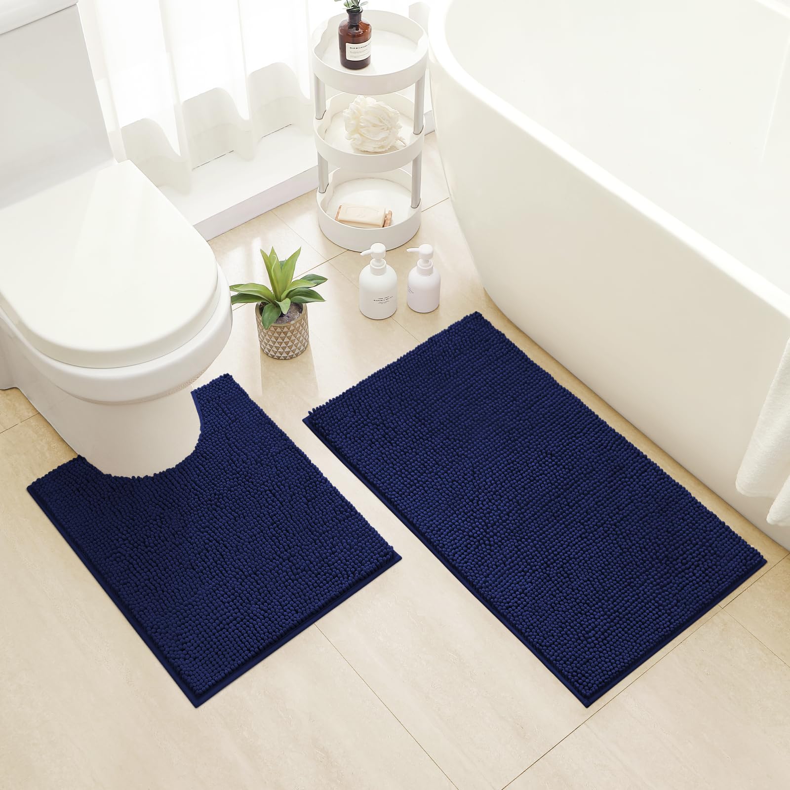 HOMEIDEAS 2 Pieces Bathroom Rugs  Ultra Soft Non Slip Absorbent Chenille Toilet Bath Mat Set (Navy Blue)