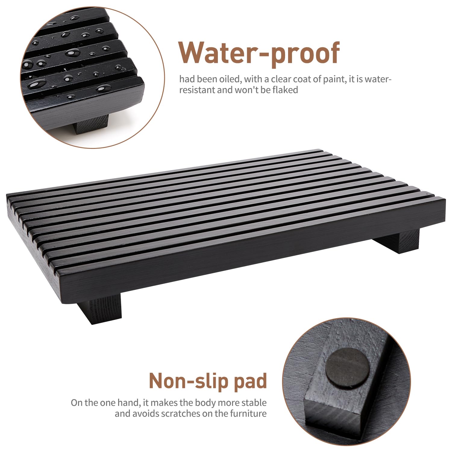 Renawe Black Bathroom Counter Tray Organizer Wood Riser Stand Kitchen Countertop Trays Wooden Pedesta Display Dish Soap Dispense