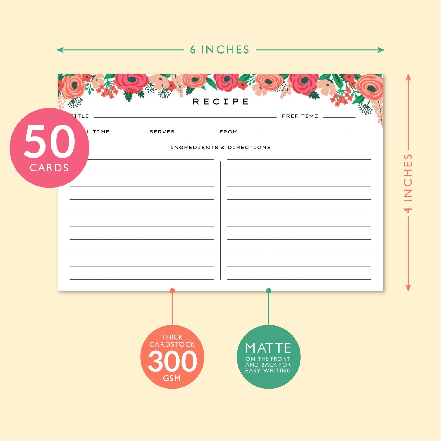 Sweetzer & Orange 4X6 Recipe Cards. Set Of 50X Floral, Blank Recipe Cards 4X6 Inches Double Sided. Large Recipe Index Card Fits