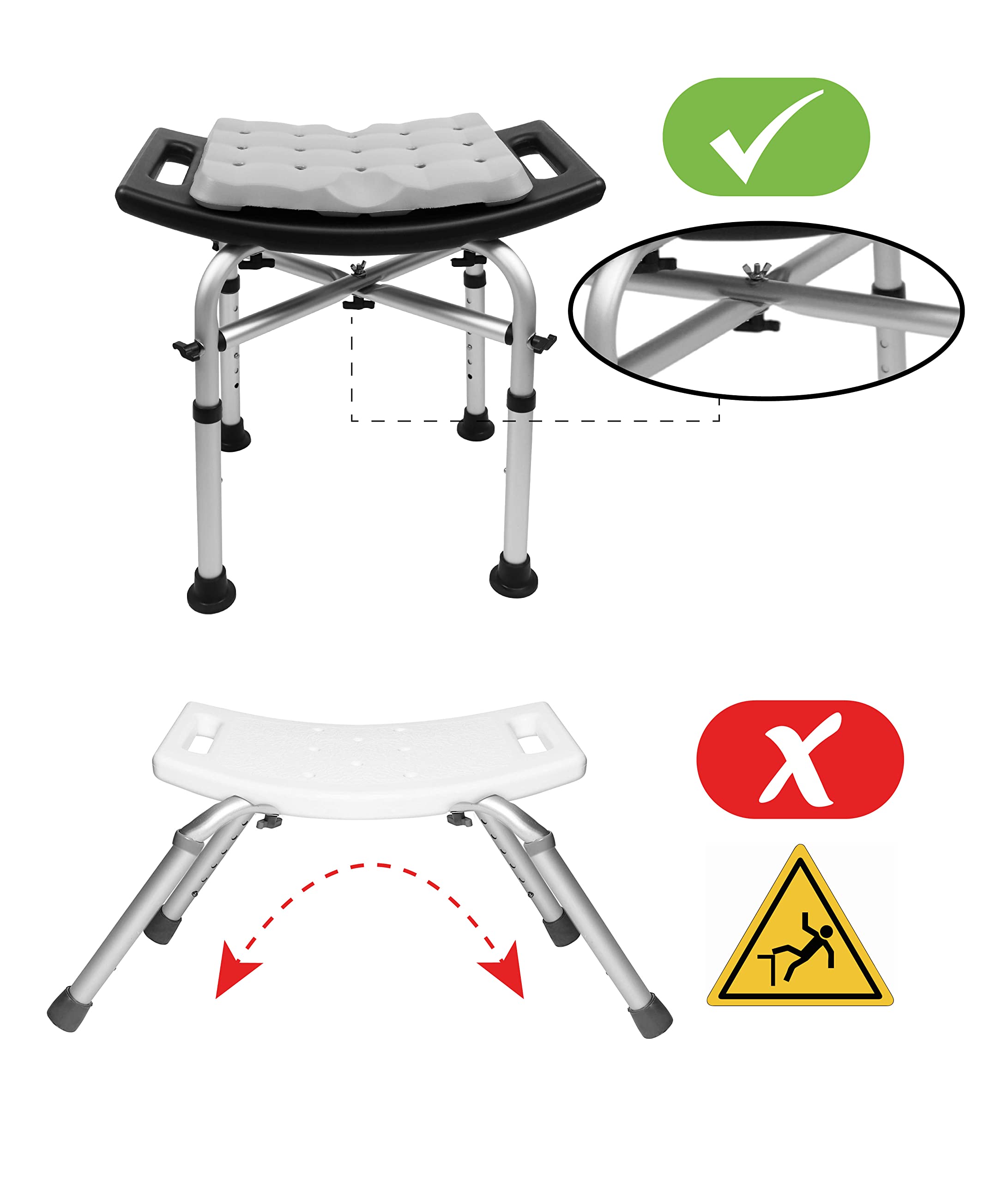 KMINA - Heavy Duty Shower Stool Padded (330 lb) with Double Reinforced crossbar and cushion  Shower Stool for Inside Shower  Shower chair for Bathtub  Black Shower Seat Free Assembly - Made in Europe