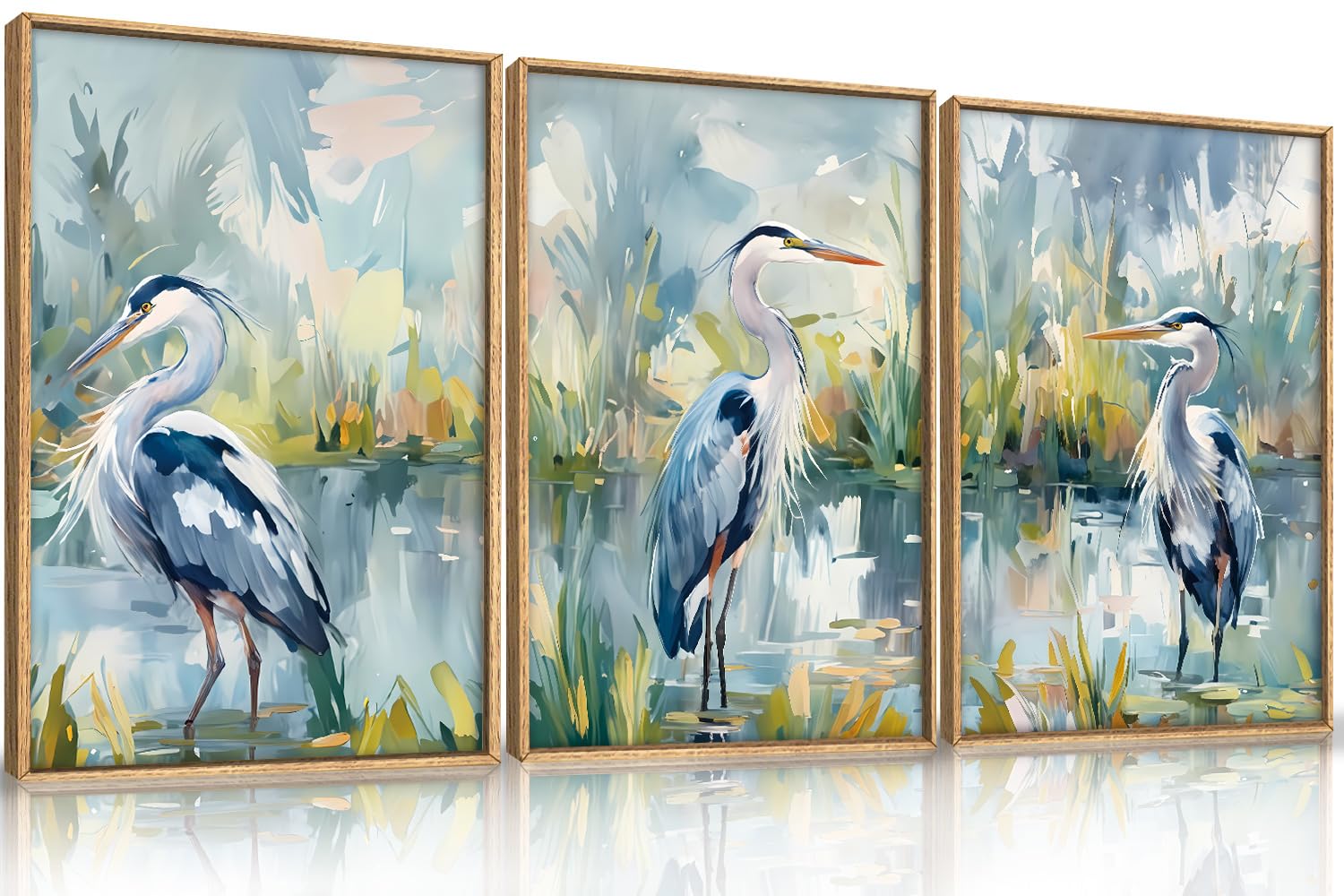 HLNIUC Great Blue Heron Wall Art Set of 3, Watercolor Coastal Bird Wall Decor(24x36), Wildlife Animal Illustrations Canvas Paint