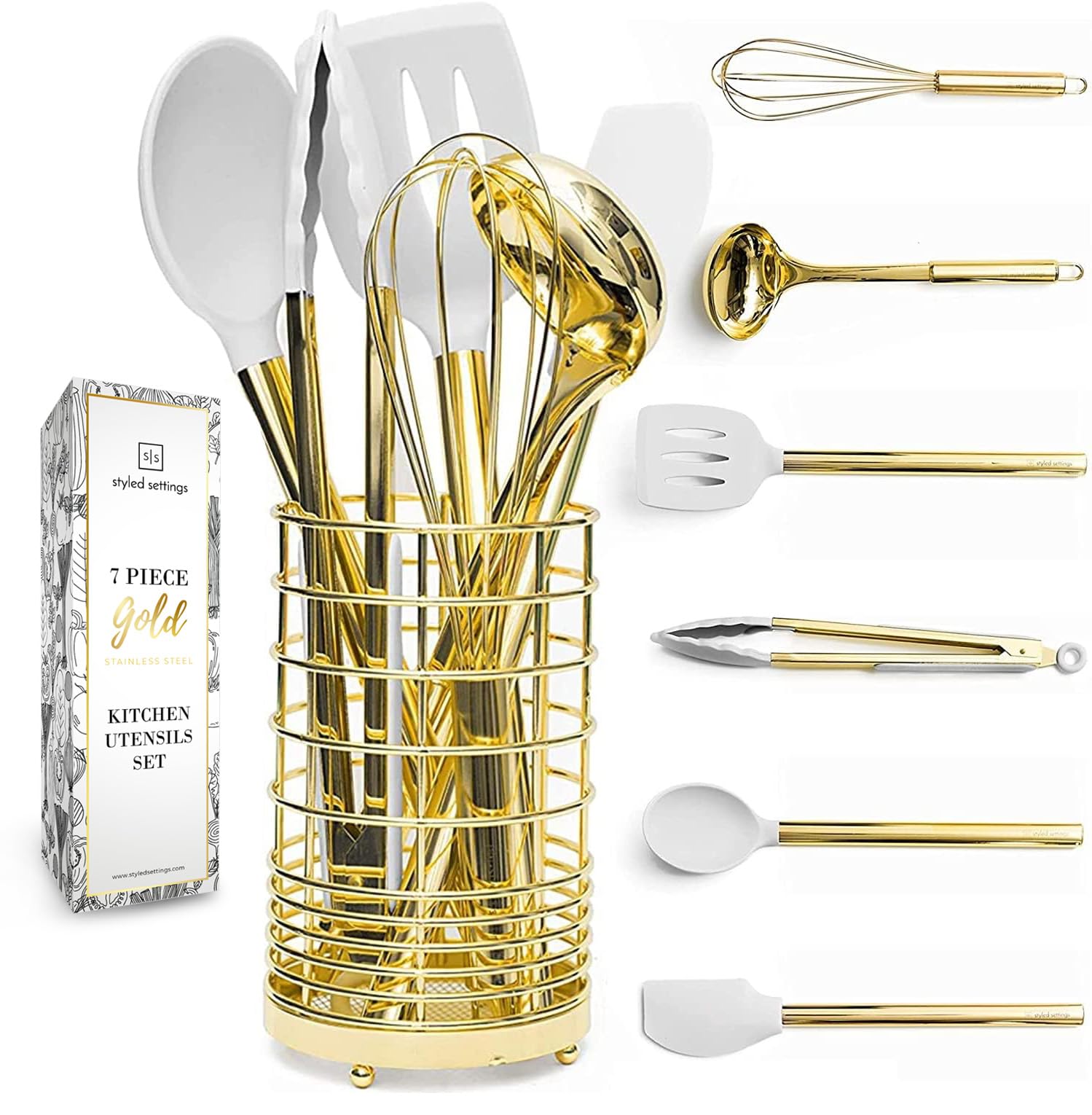 White Silicone And Gold Cooking Utensils Set With Gold Utensil Holder - 7-Piece Silicone Cooking Tools - Ideal For Nonstick Cook