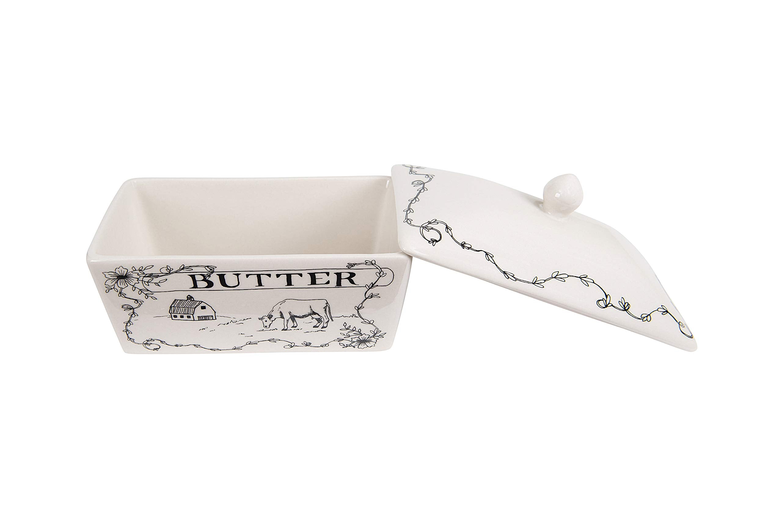 Creative Co-Op Country Stoneware Butter Dish With Lid, ''Spread The Love'' Message, And Farm Line Drawing, White And Black